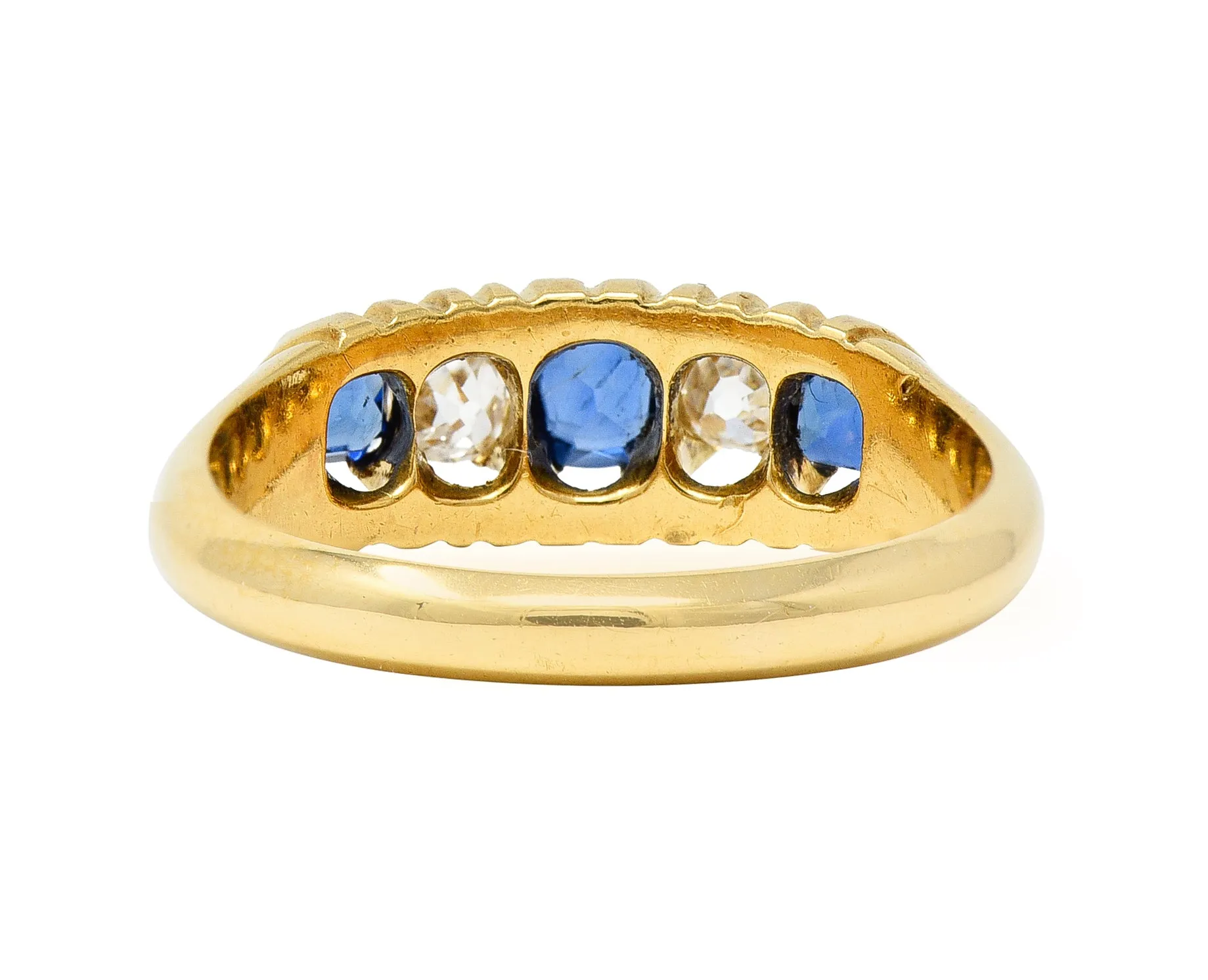 1835 Victorian 1.02 CTW Old Mine Cut Diamond Sapphire 18 Karat Yellow Gold Scrolling Belcher Set Antique Band Ring
