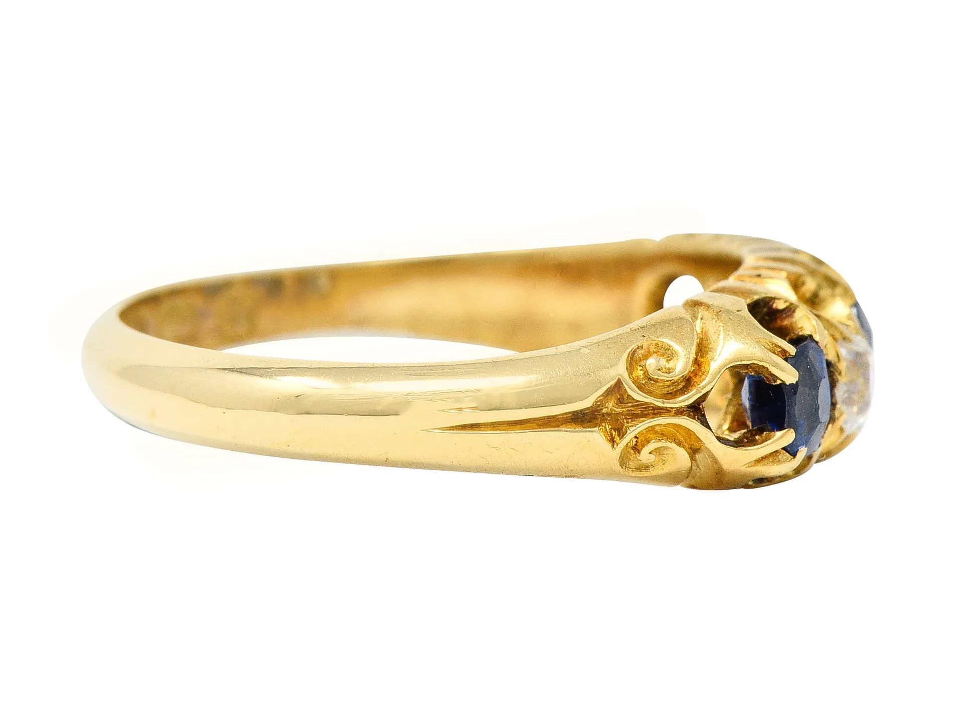 1835 Victorian 1.02 CTW Old Mine Cut Diamond Sapphire 18 Karat Yellow Gold Scrolling Belcher Set Antique Band Ring