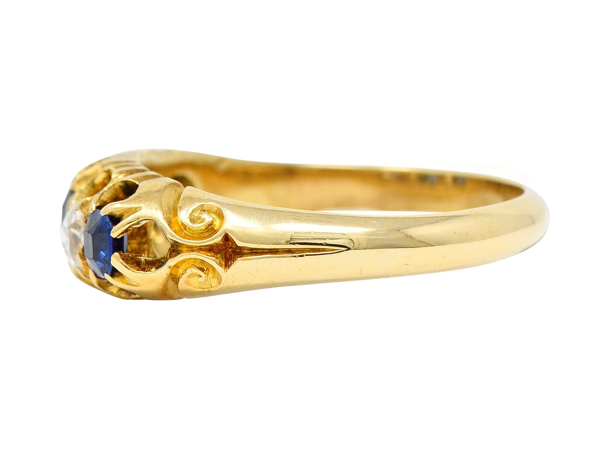 1835 Victorian 1.02 CTW Old Mine Cut Diamond Sapphire 18 Karat Yellow Gold Scrolling Belcher Set Antique Band Ring