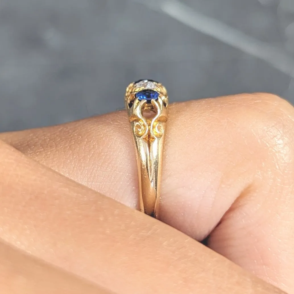 1835 Victorian 1.02 CTW Old Mine Cut Diamond Sapphire 18 Karat Yellow Gold Scrolling Belcher Set Antique Band Ring