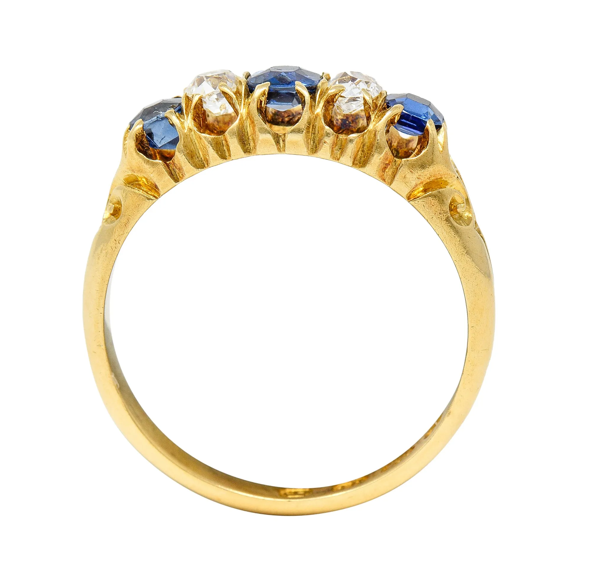 1835 Victorian 1.02 CTW Old Mine Cut Diamond Sapphire 18 Karat Yellow Gold Scrolling Belcher Set Antique Band Ring