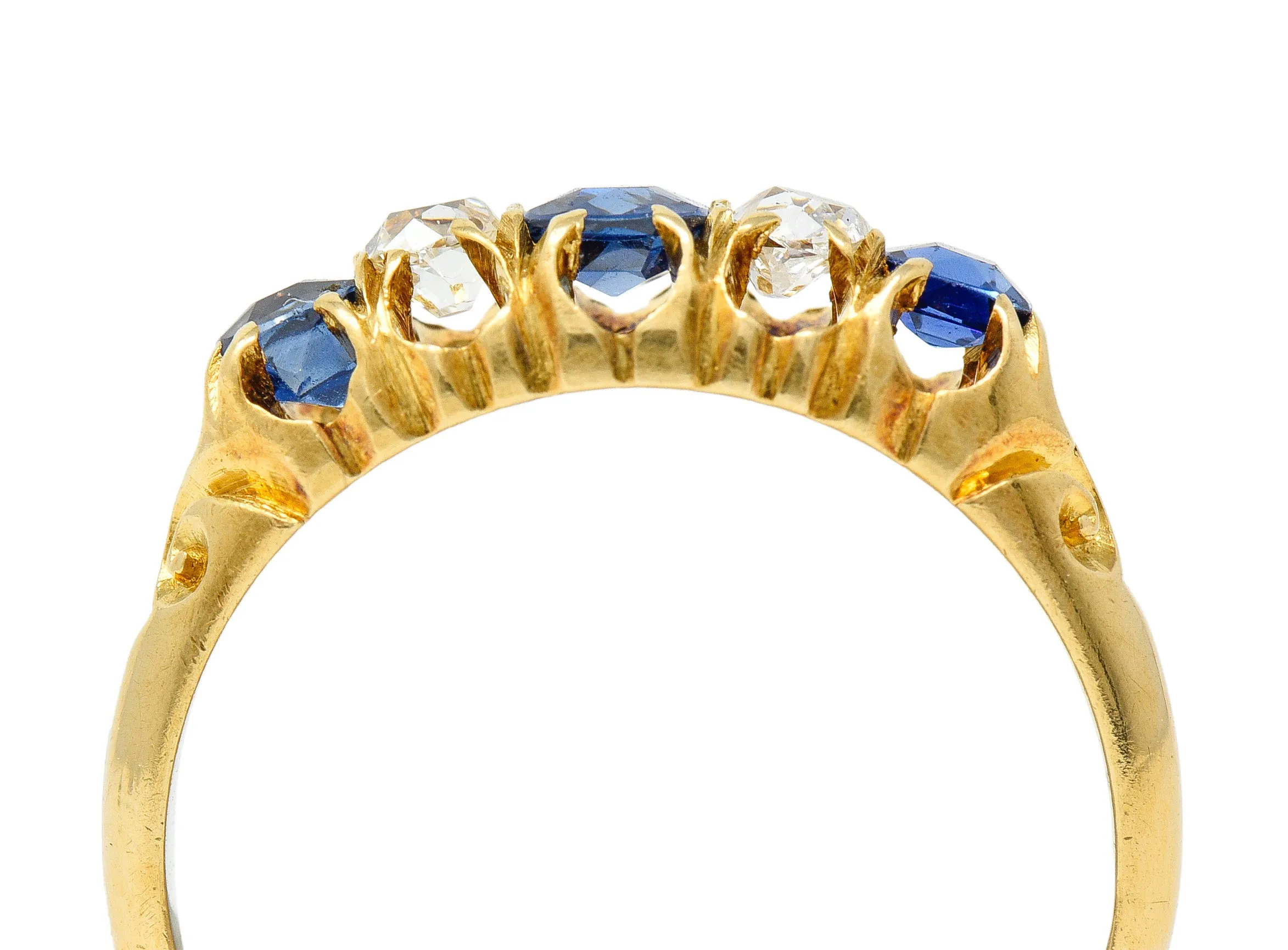 1835 Victorian 1.02 CTW Old Mine Cut Diamond Sapphire 18 Karat Yellow Gold Scrolling Belcher Set Antique Band Ring