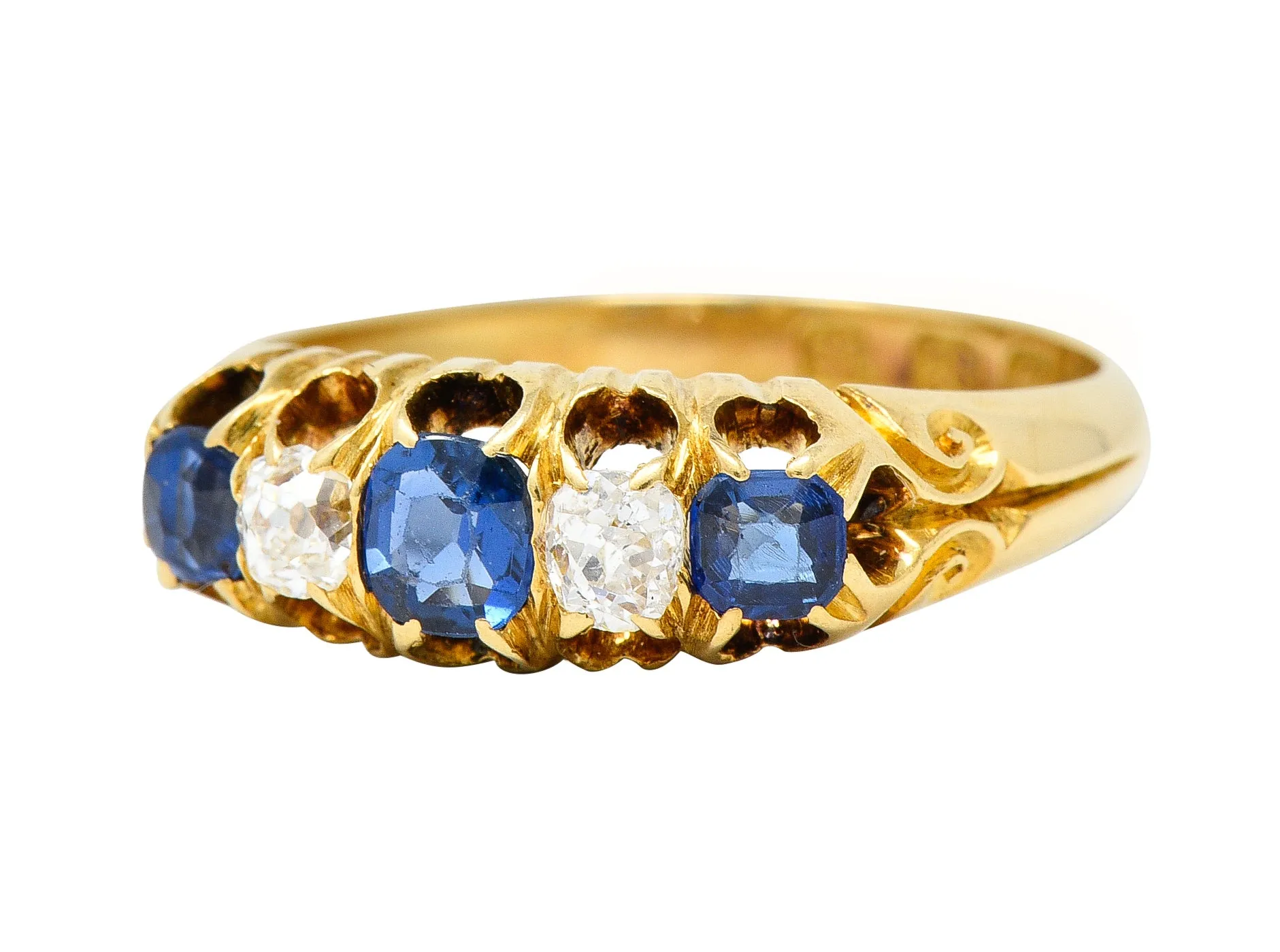 1835 Victorian 1.02 CTW Old Mine Cut Diamond Sapphire 18 Karat Yellow Gold Scrolling Belcher Set Antique Band Ring