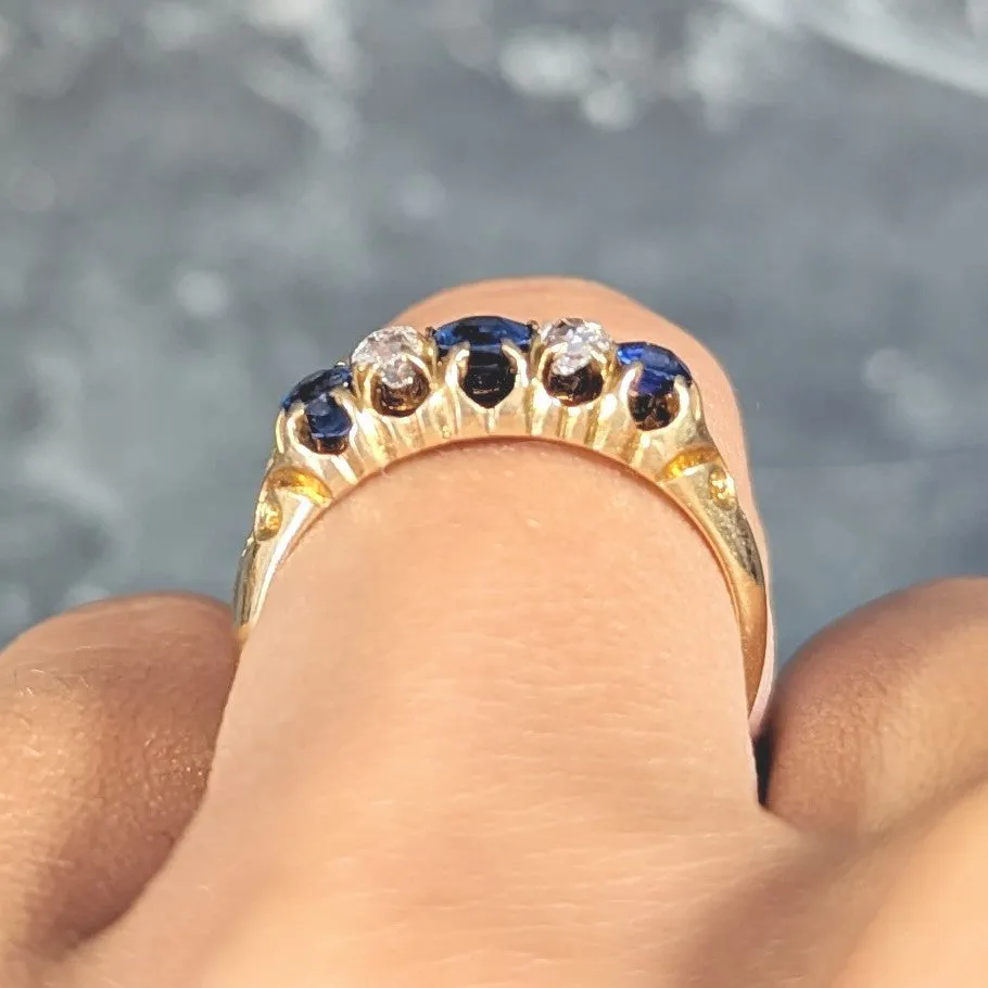 1835 Victorian 1.02 CTW Old Mine Cut Diamond Sapphire 18 Karat Yellow Gold Scrolling Belcher Set Antique Band Ring