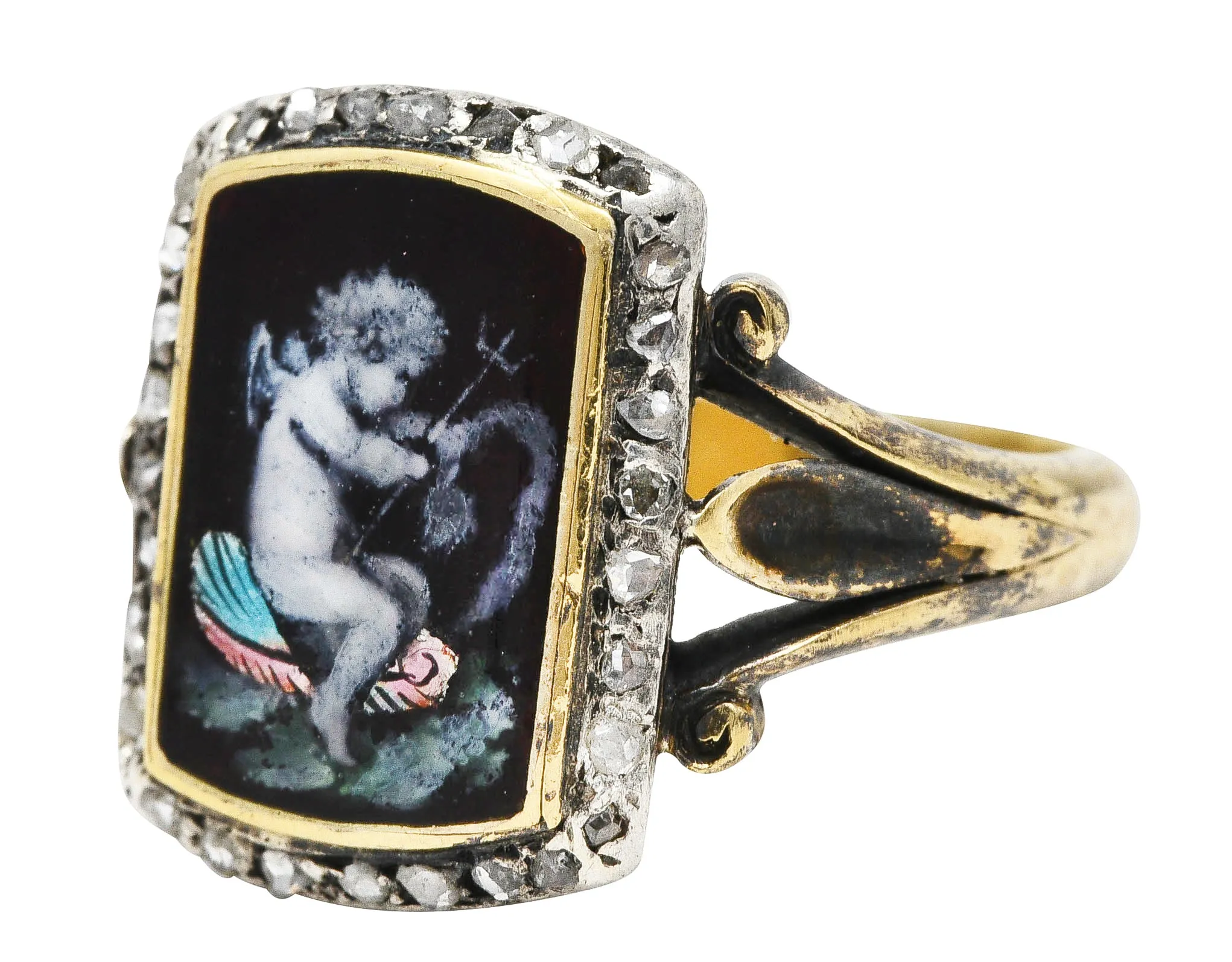 1850's Victorian Neoclassical Enamel Diamond Silver-Topped 18 Karat Gold Cupid Antique Ring