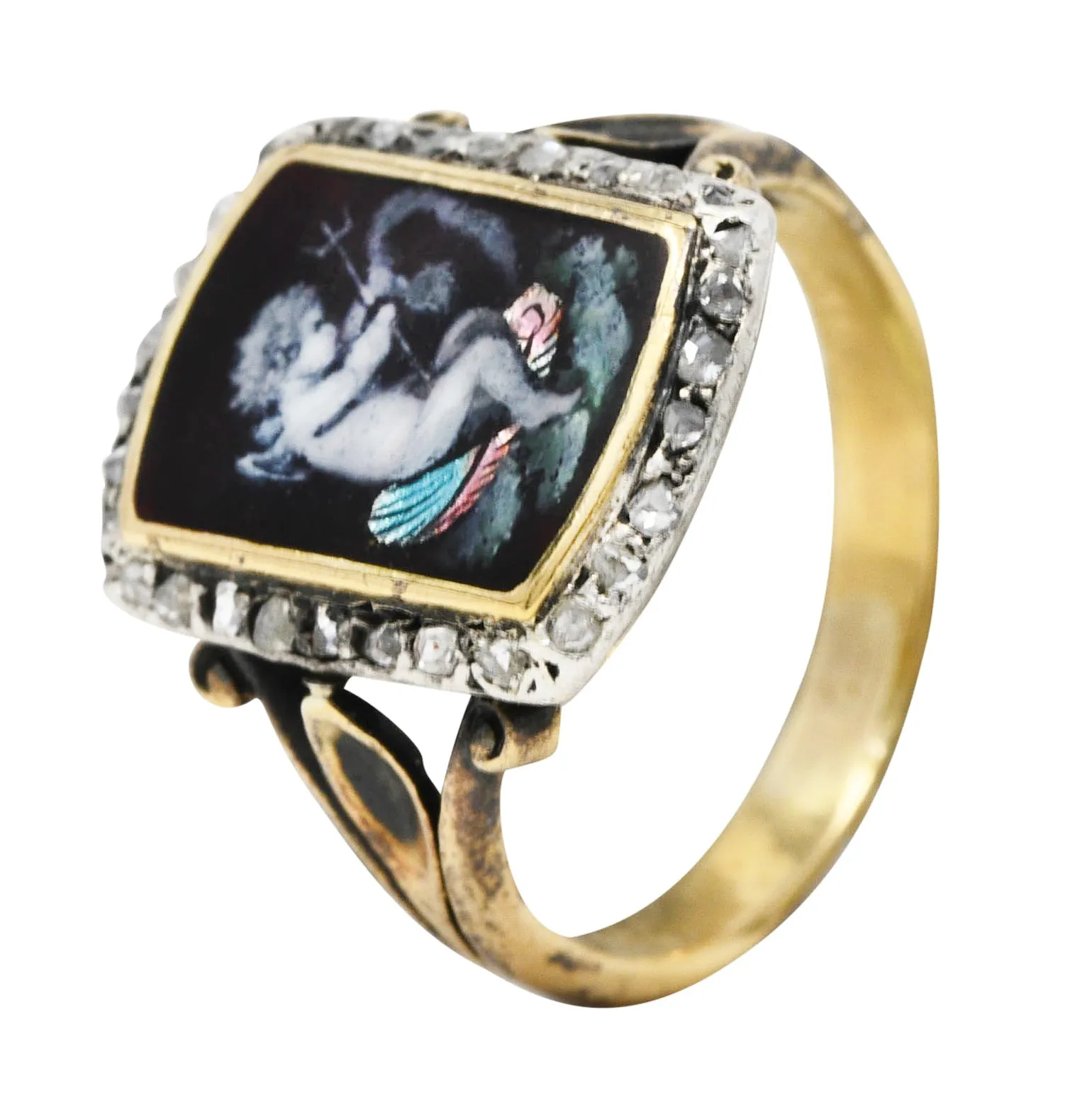 1850's Victorian Neoclassical Enamel Diamond Silver-Topped 18 Karat Gold Cupid Antique Ring