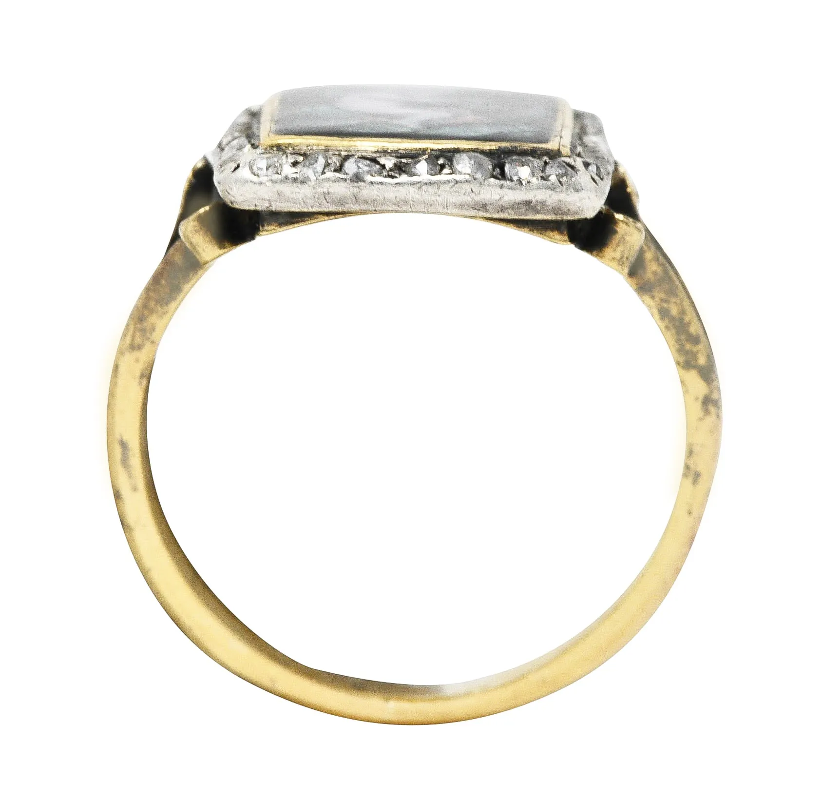 1850's Victorian Neoclassical Enamel Diamond Silver-Topped 18 Karat Gold Cupid Antique Ring