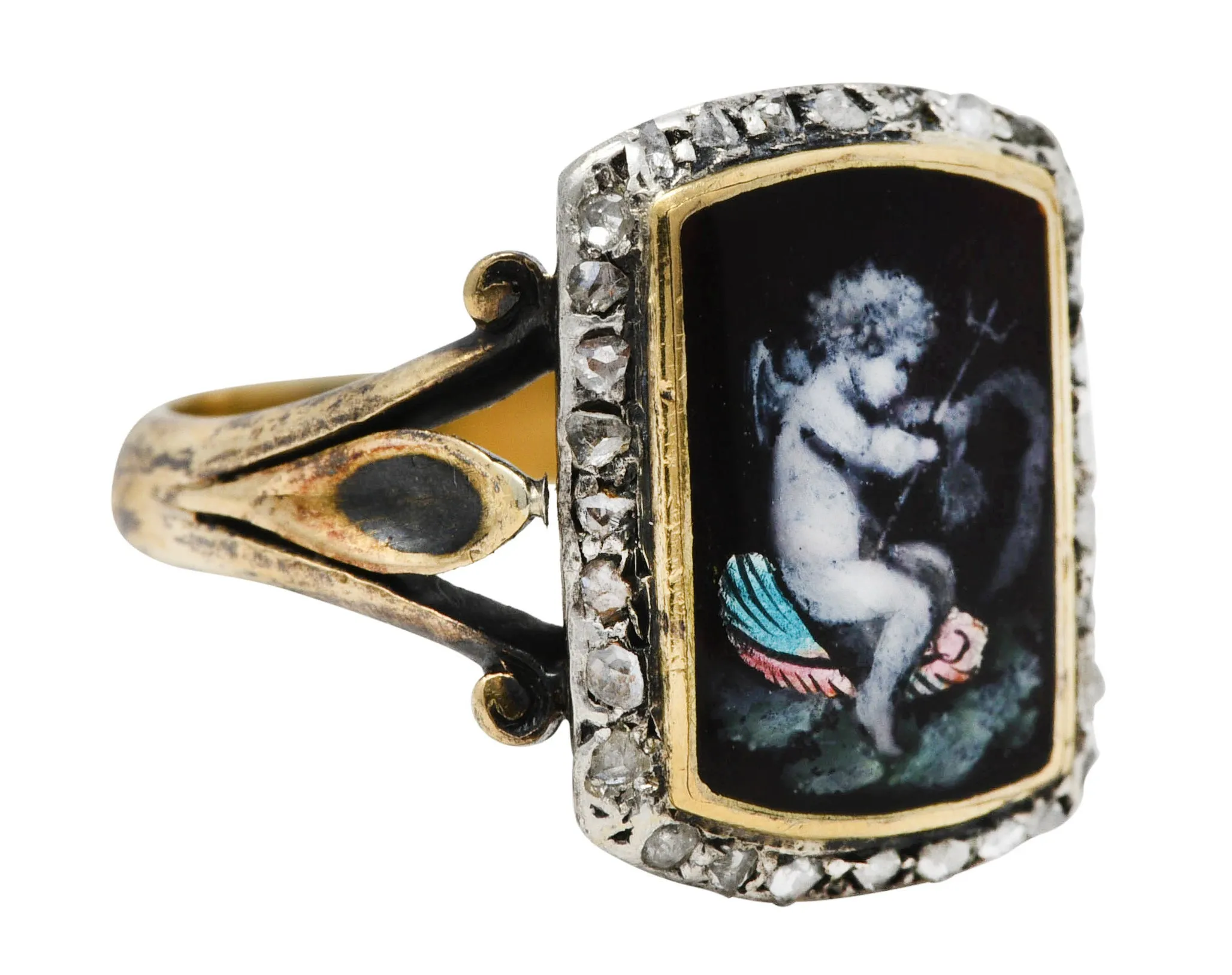 1850's Victorian Neoclassical Enamel Diamond Silver-Topped 18 Karat Gold Cupid Antique Ring