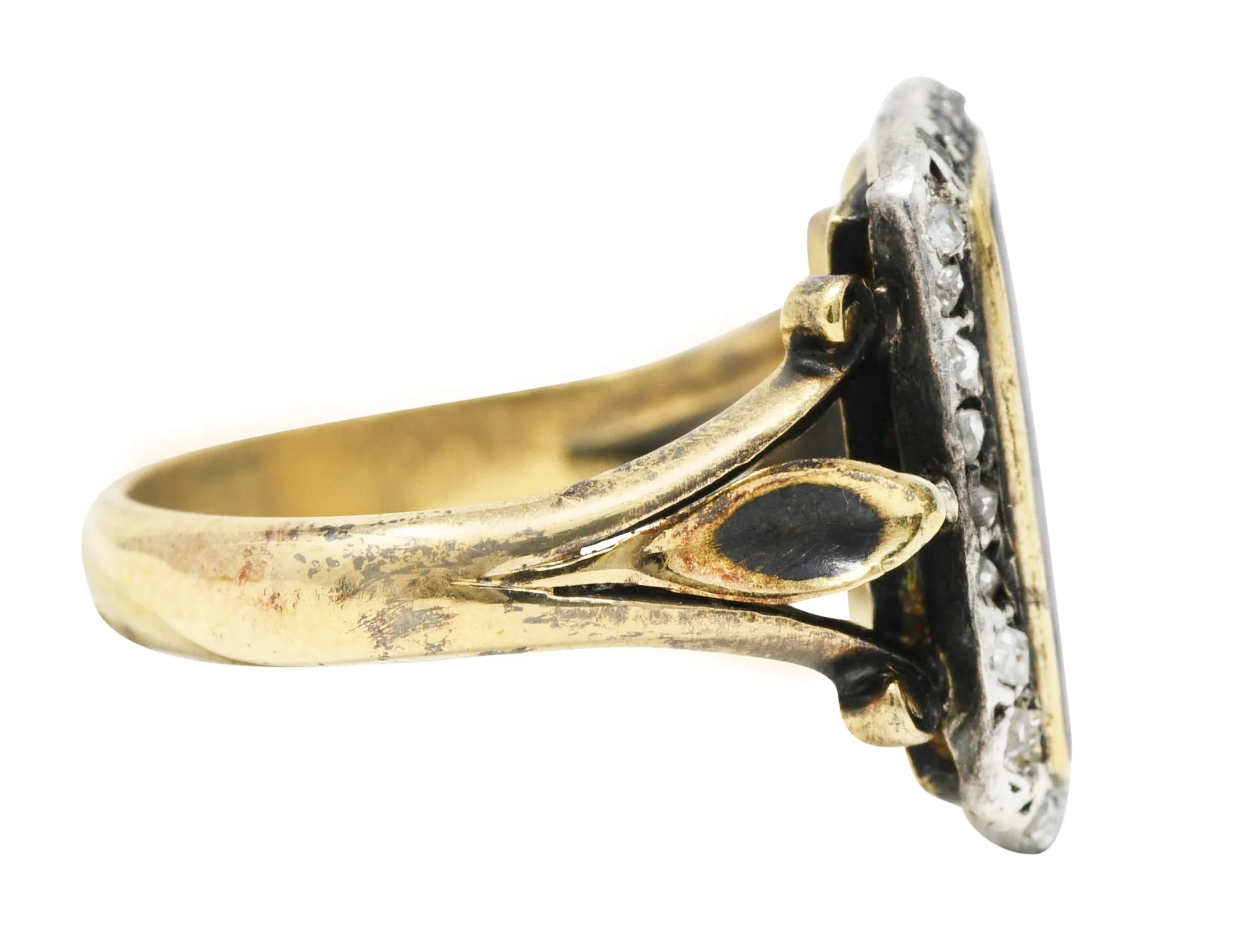 1850's Victorian Neoclassical Enamel Diamond Silver-Topped 18 Karat Gold Cupid Antique Ring
