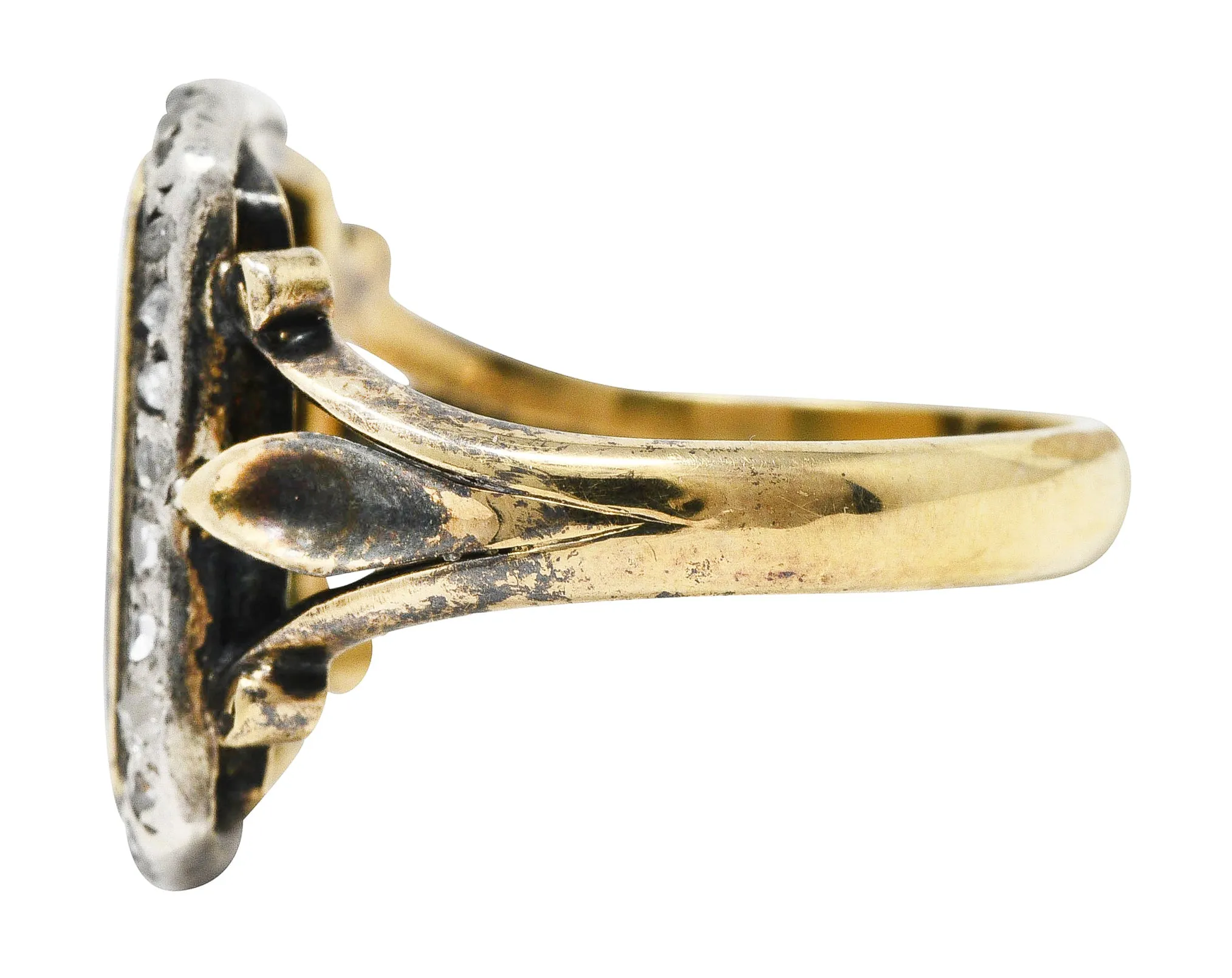 1850's Victorian Neoclassical Enamel Diamond Silver-Topped 18 Karat Gold Cupid Antique Ring