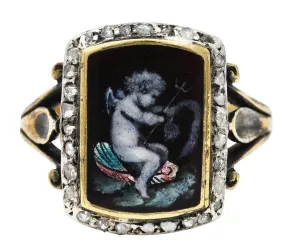 1850's Victorian Neoclassical Enamel Diamond Silver-Topped 18 Karat Gold Cupid Antique Ring