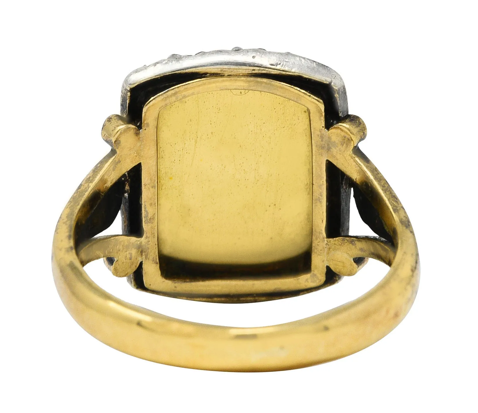 1850's Victorian Neoclassical Enamel Diamond Silver-Topped 18 Karat Gold Cupid Antique Ring