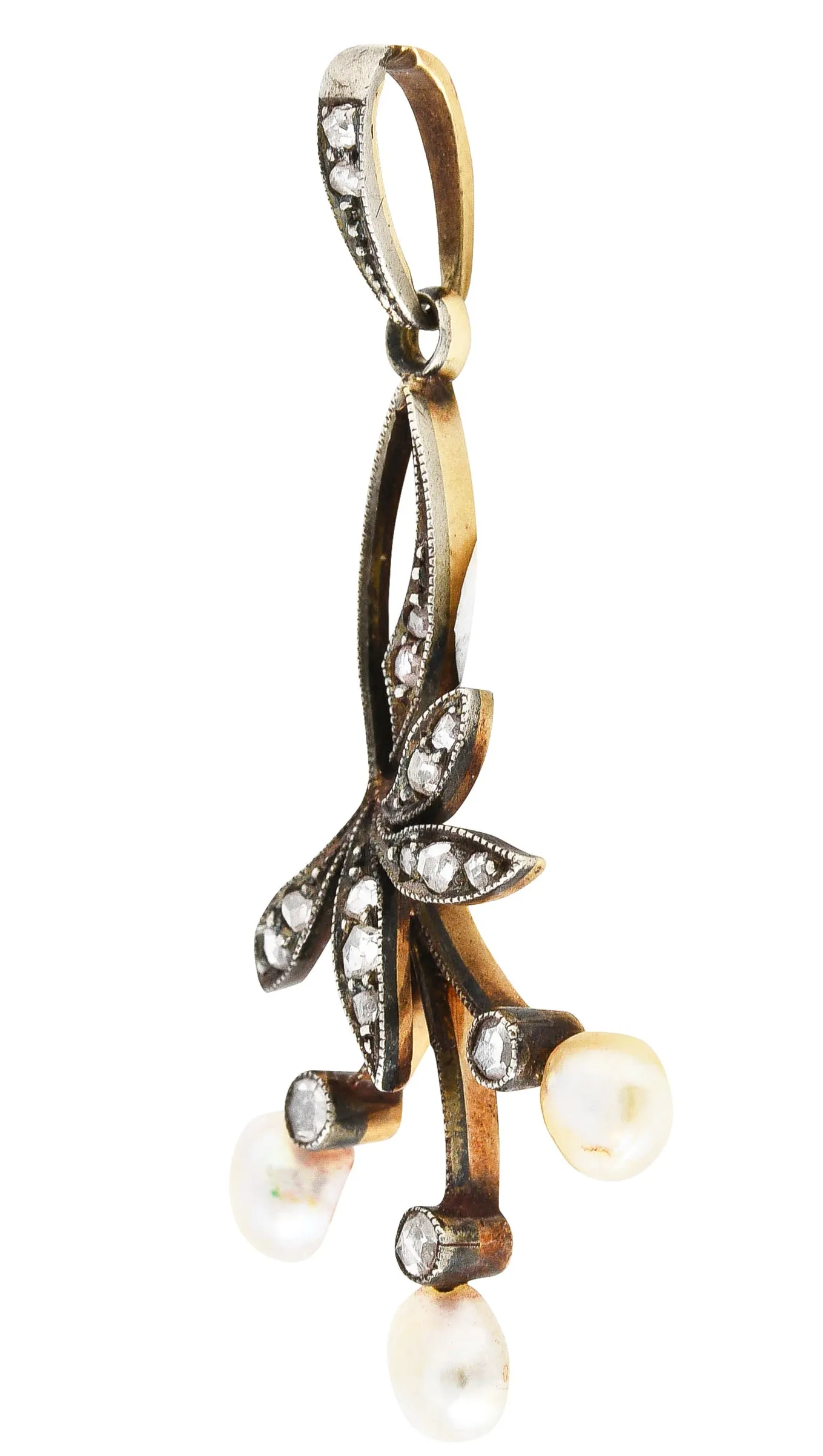 1860's Victorian Diamond Pearl Silver-Topped 18 Karat Gold Berry & Foliate Pendant