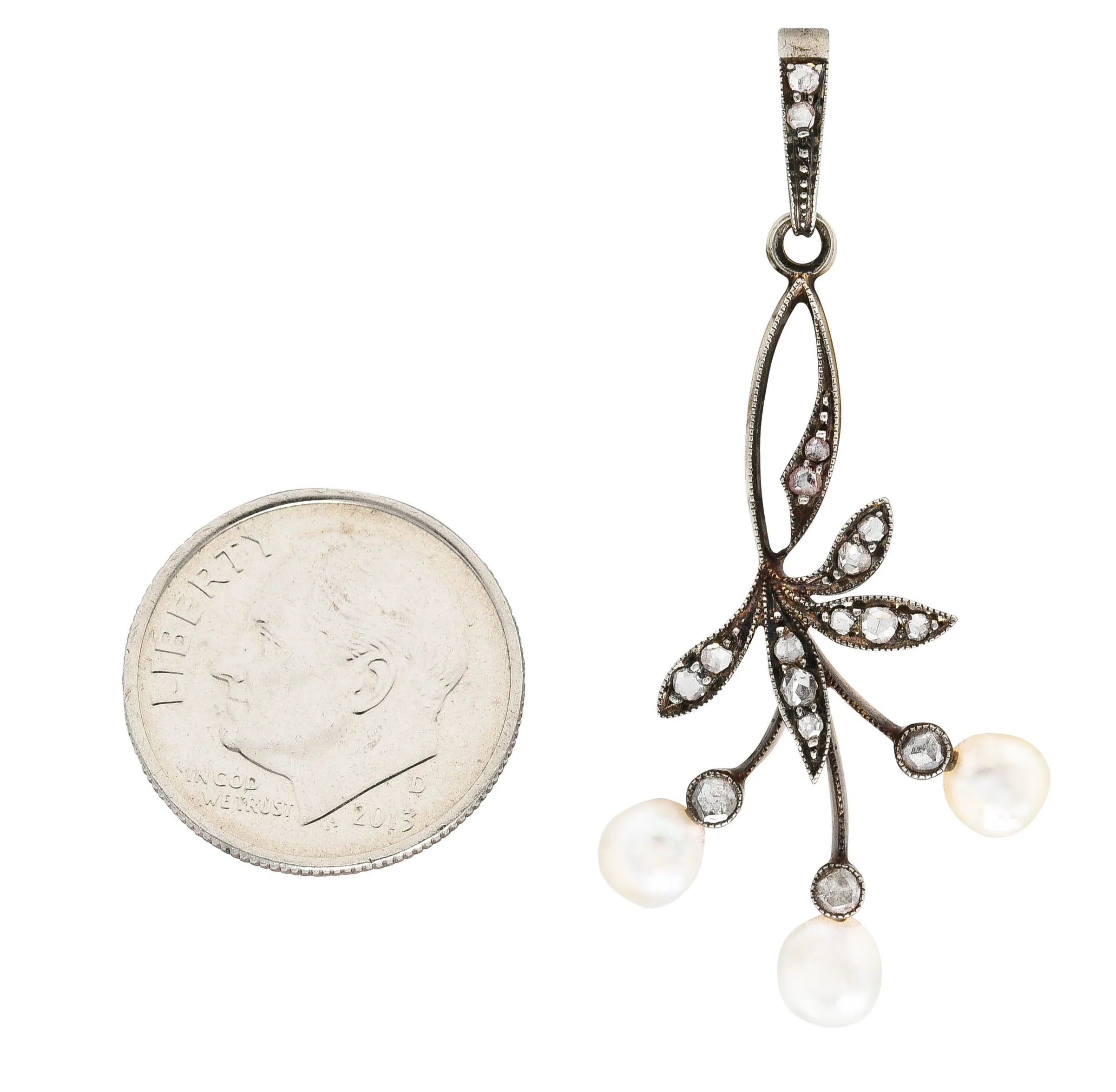 1860's Victorian Diamond Pearl Silver-Topped 18 Karat Gold Berry & Foliate Pendant