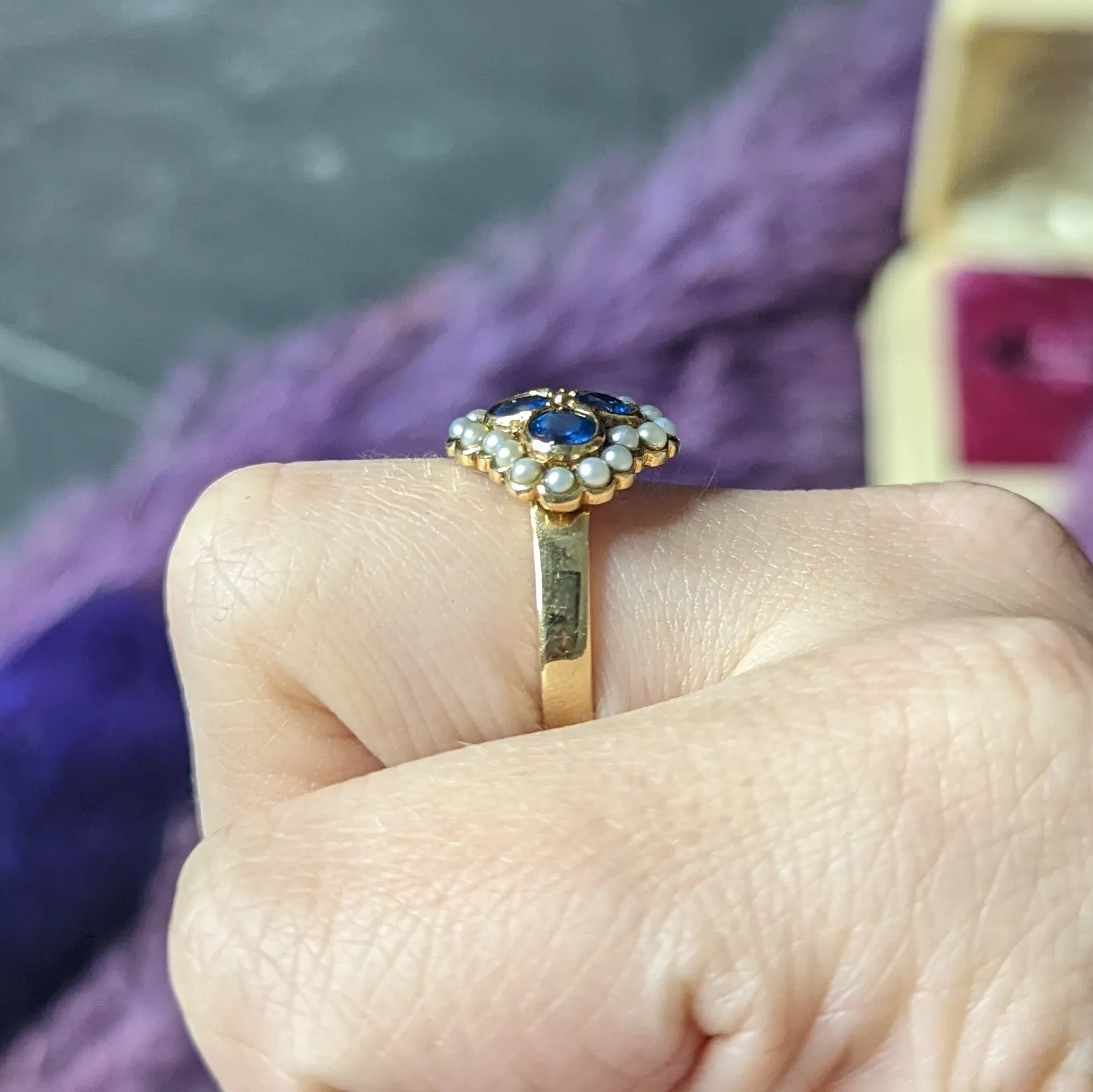 1880's Victorian 1.50 CTW Sapphire Seed Pearl 14 Karat Yellow Gold Antique Cluster Ring
