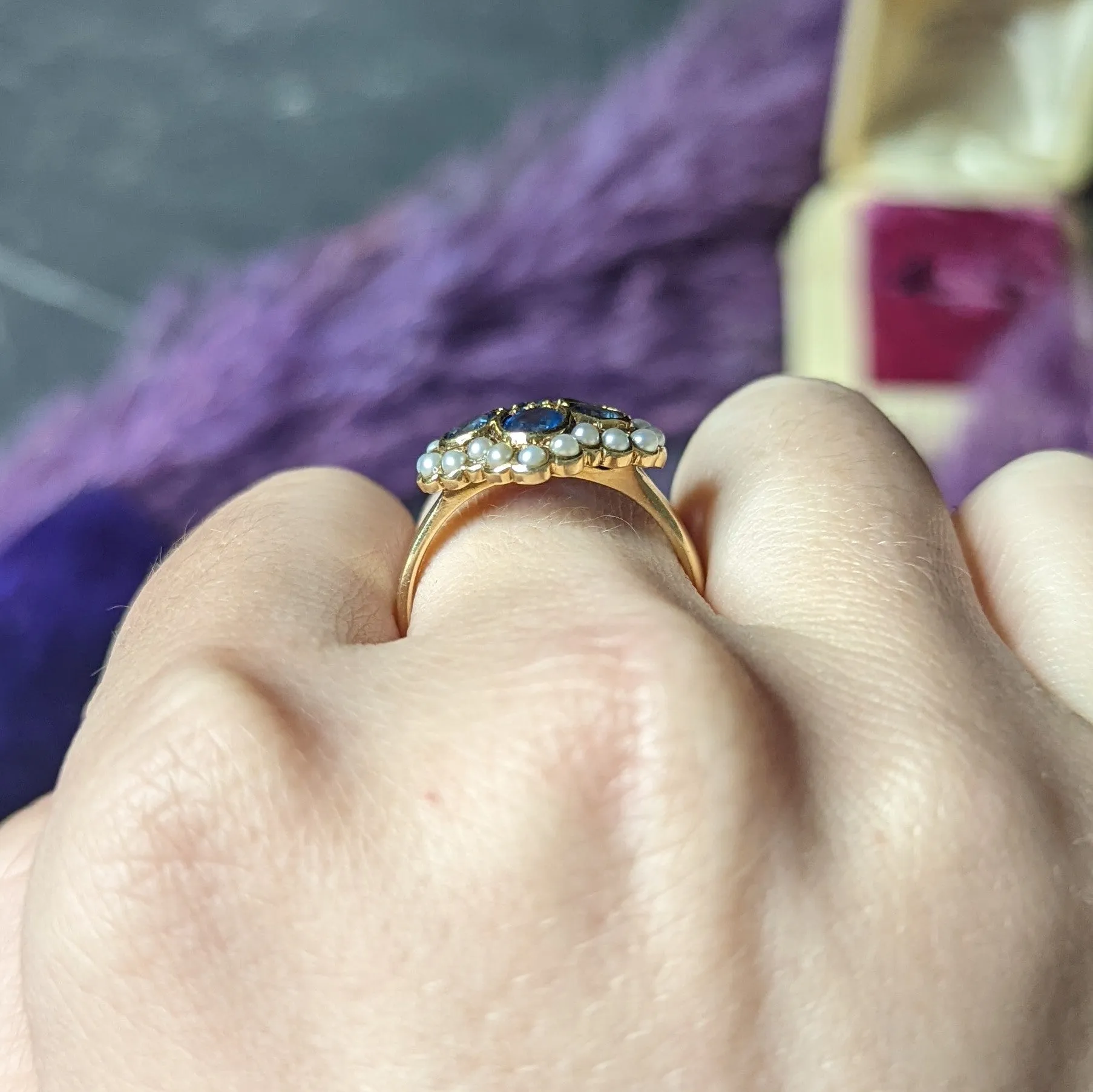 1880's Victorian 1.50 CTW Sapphire Seed Pearl 14 Karat Yellow Gold Antique Cluster Ring