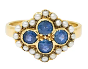 1880's Victorian 1.50 CTW Sapphire Seed Pearl 14 Karat Yellow Gold Antique Cluster Ring