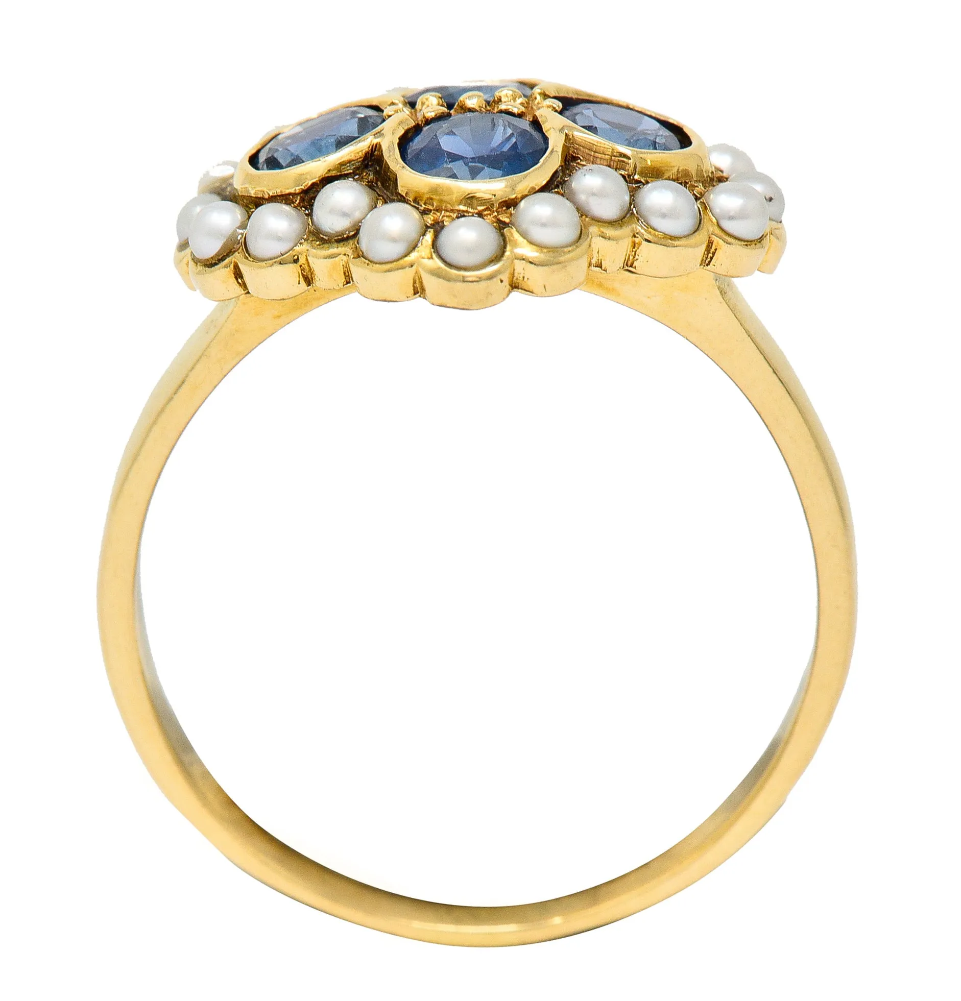 1880's Victorian 1.50 CTW Sapphire Seed Pearl 14 Karat Yellow Gold Antique Cluster Ring