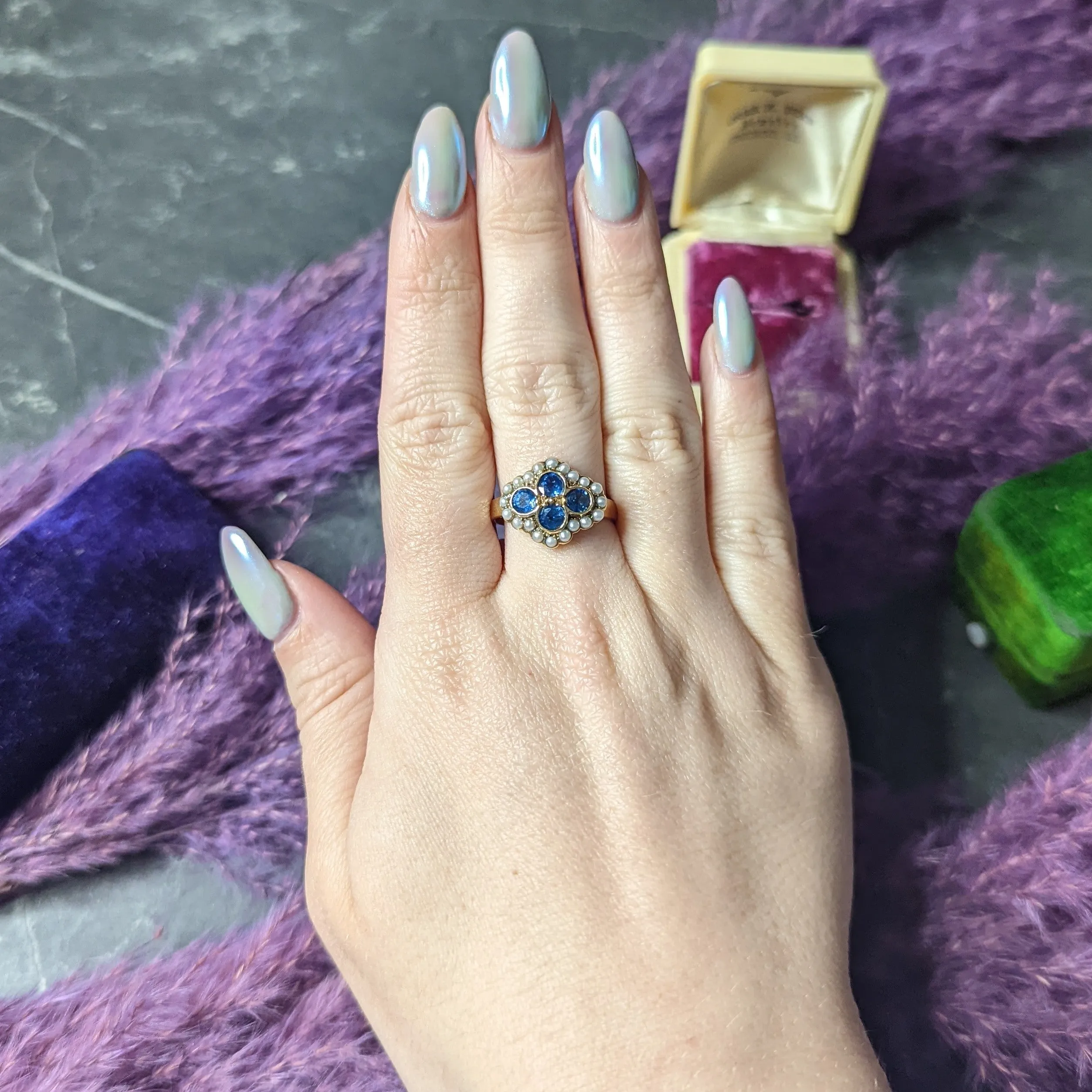 1880's Victorian 1.50 CTW Sapphire Seed Pearl 14 Karat Yellow Gold Antique Cluster Ring
