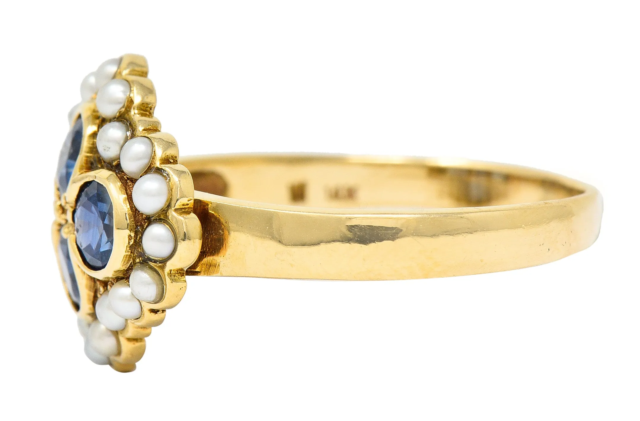 1880's Victorian 1.50 CTW Sapphire Seed Pearl 14 Karat Yellow Gold Antique Cluster Ring