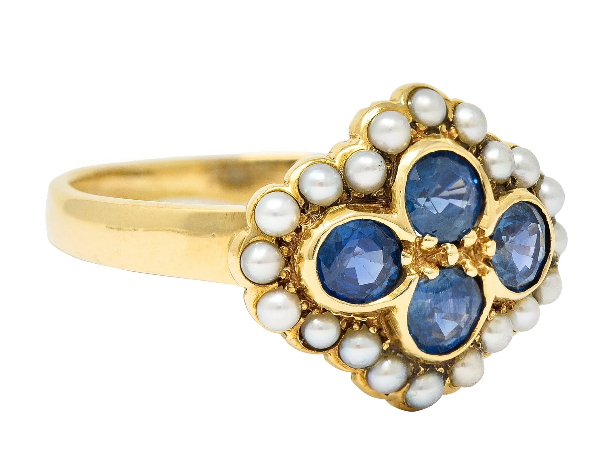 1880's Victorian 1.50 CTW Sapphire Seed Pearl 14 Karat Yellow Gold Antique Cluster Ring