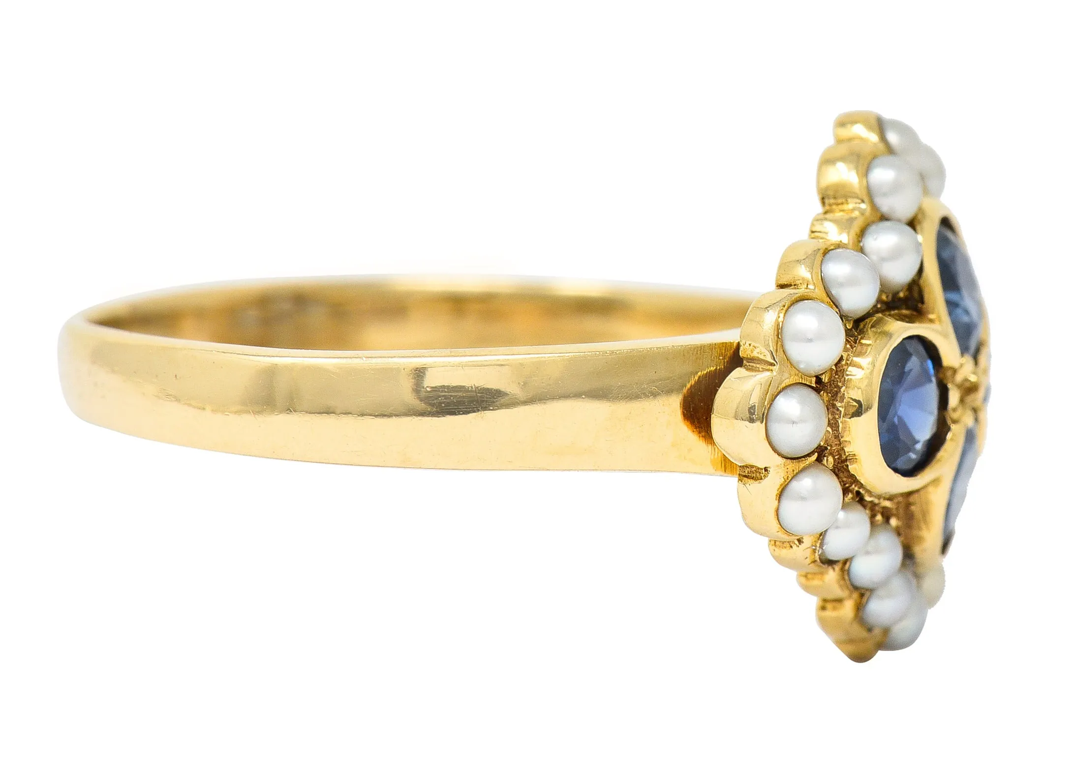 1880's Victorian 1.50 CTW Sapphire Seed Pearl 14 Karat Yellow Gold Antique Cluster Ring