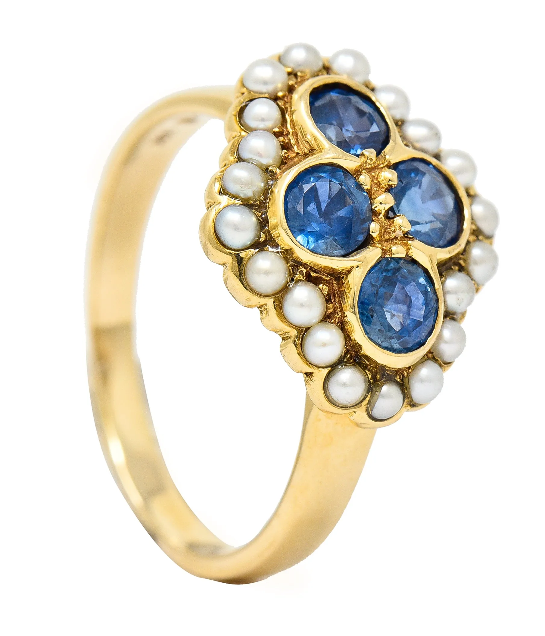 1880's Victorian 1.50 CTW Sapphire Seed Pearl 14 Karat Yellow Gold Antique Cluster Ring