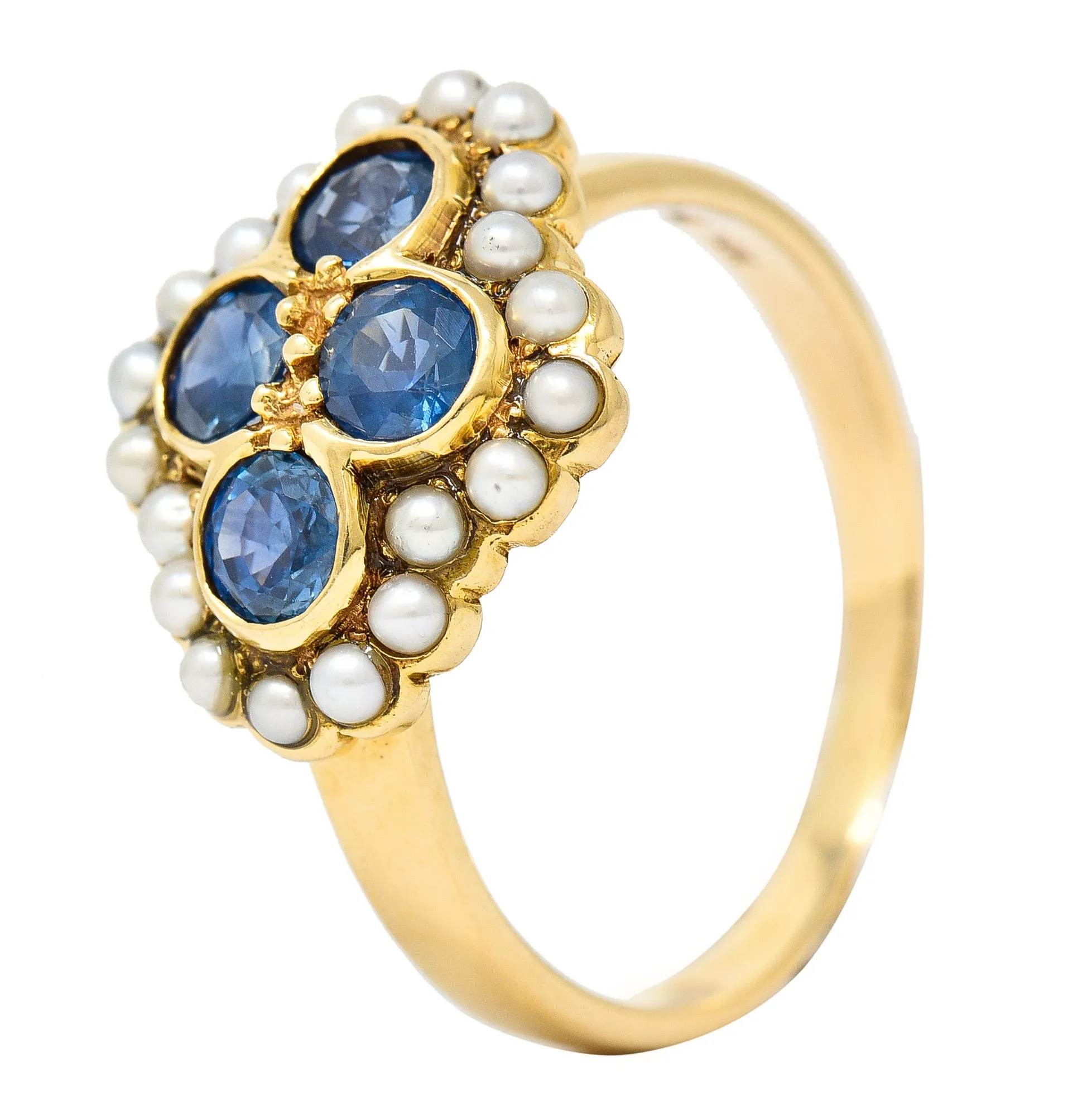 1880's Victorian 1.50 CTW Sapphire Seed Pearl 14 Karat Yellow Gold Antique Cluster Ring