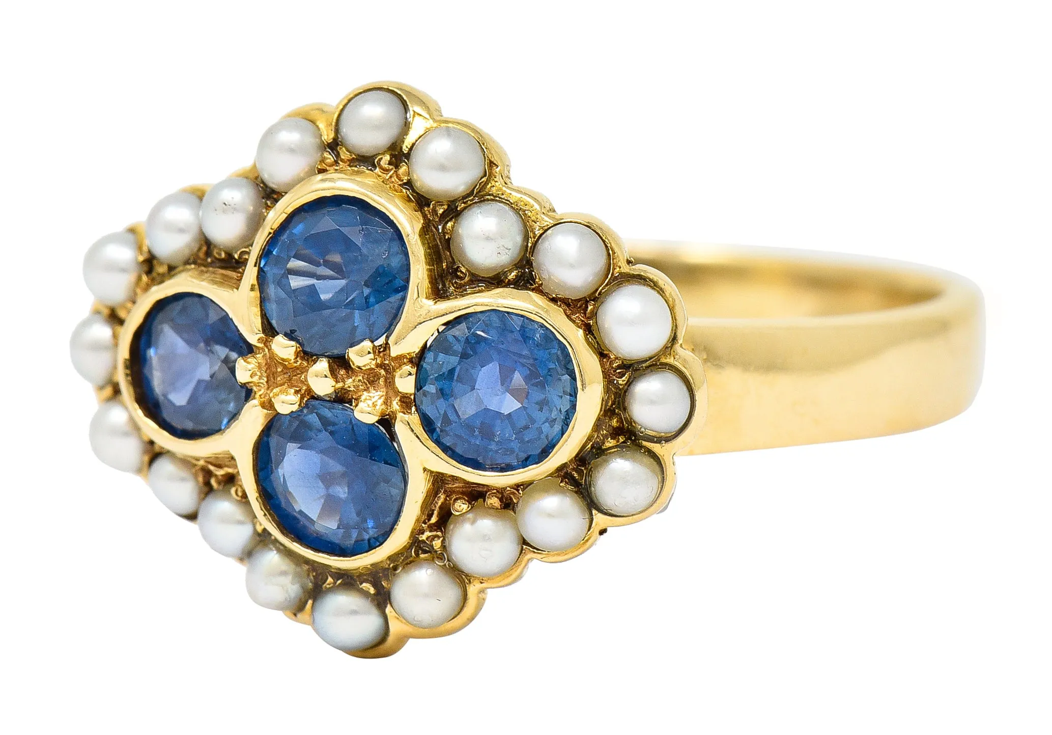 1880's Victorian 1.50 CTW Sapphire Seed Pearl 14 Karat Yellow Gold Antique Cluster Ring