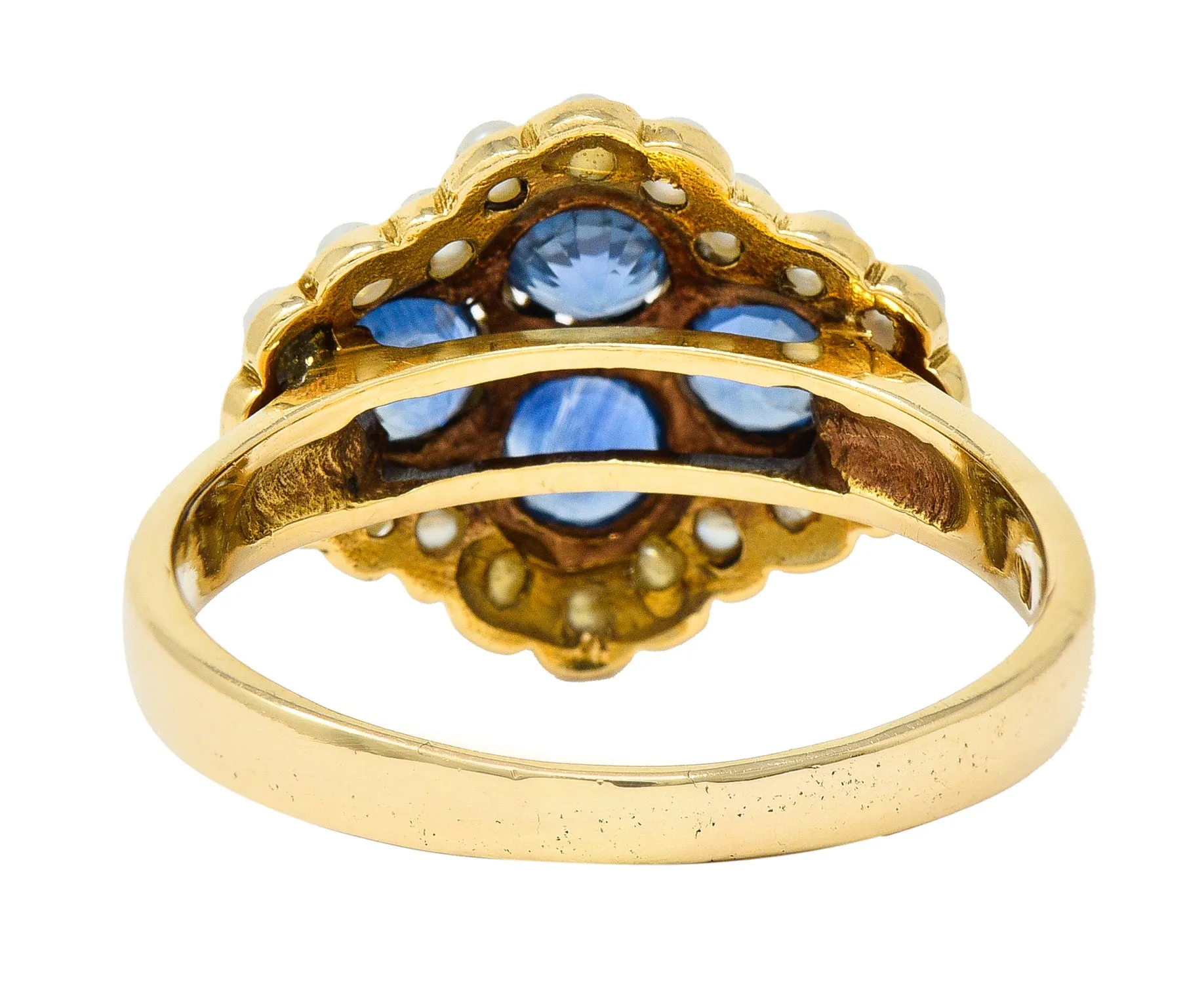 1880's Victorian 1.50 CTW Sapphire Seed Pearl 14 Karat Yellow Gold Antique Cluster Ring