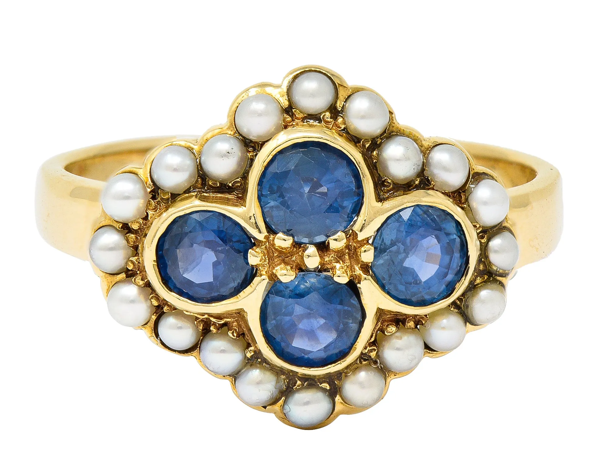 1880's Victorian 1.50 CTW Sapphire Seed Pearl 14 Karat Yellow Gold Antique Cluster Ring