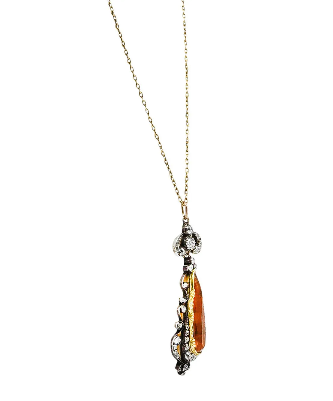 1880's Victorian Citrine Diamond Silver 18 Karat Yellow Gold Scrolled Pendant Necklace