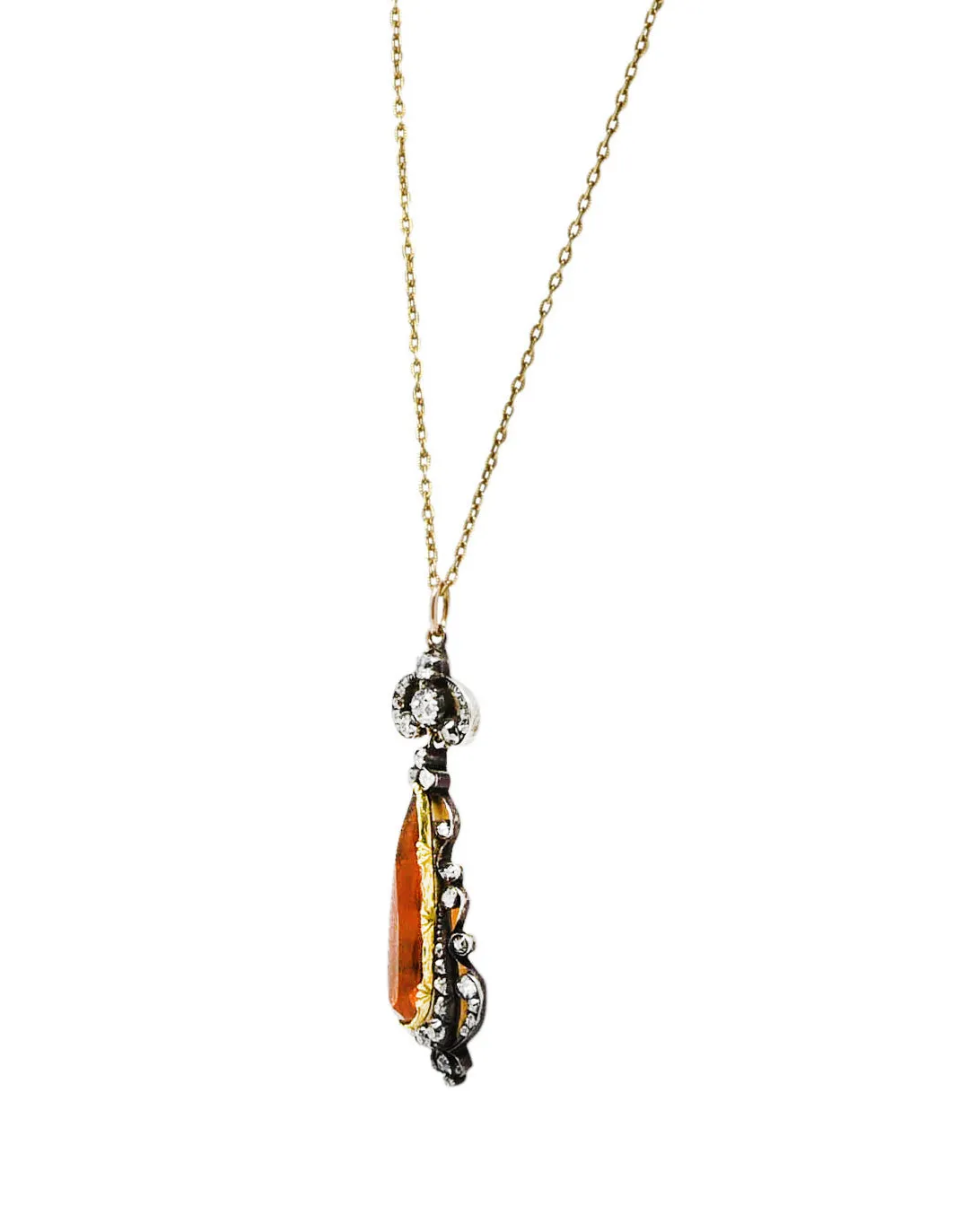 1880's Victorian Citrine Diamond Silver 18 Karat Yellow Gold Scrolled Pendant Necklace
