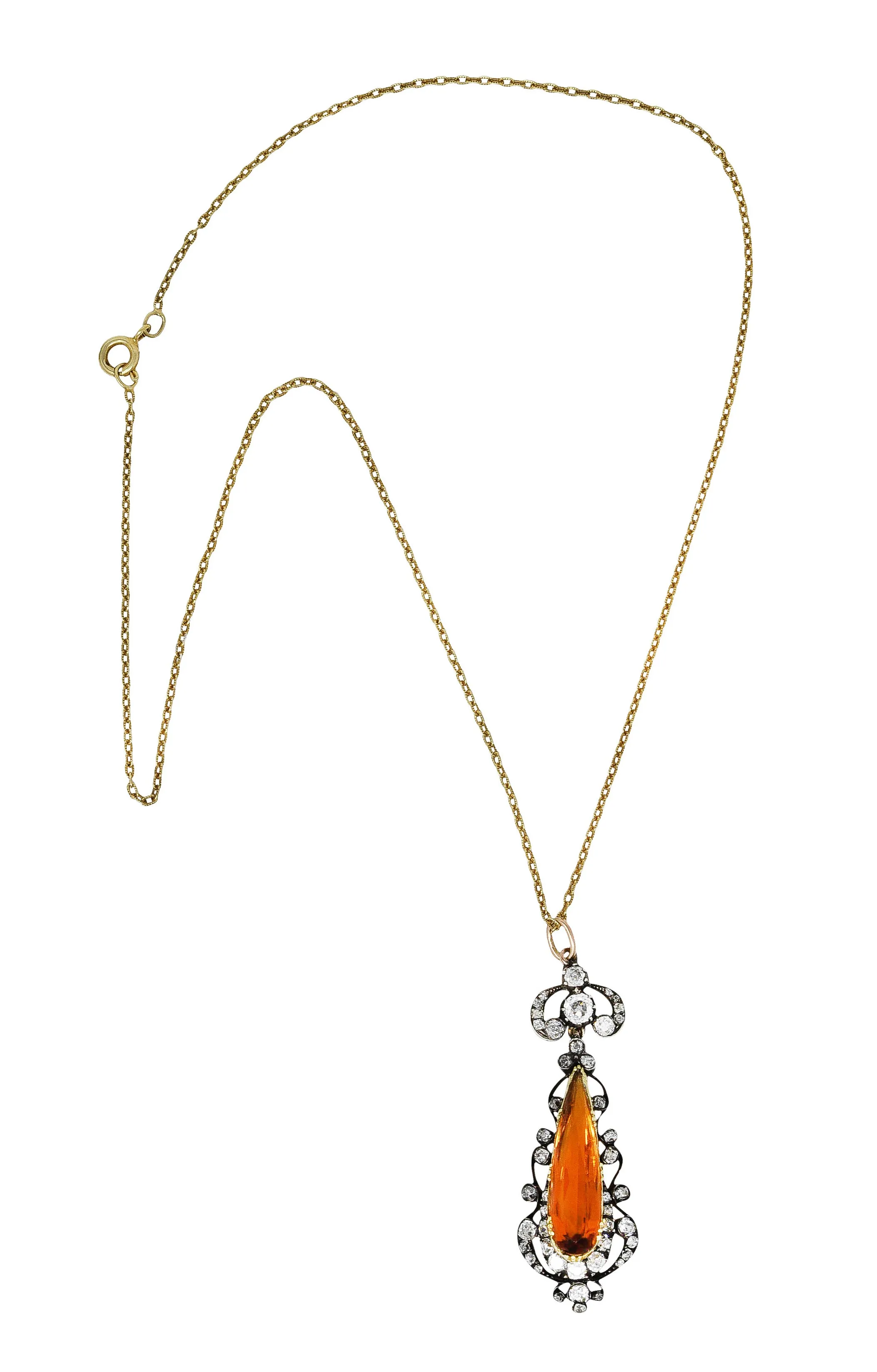 1880's Victorian Citrine Diamond Silver 18 Karat Yellow Gold Scrolled Pendant Necklace