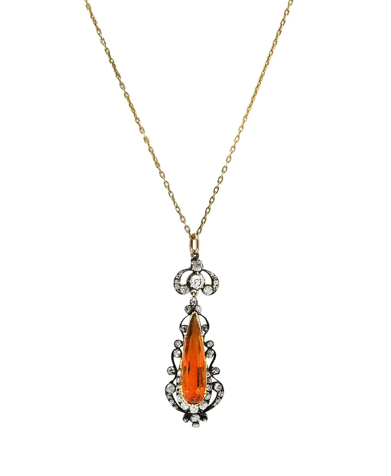 1880's Victorian Citrine Diamond Silver 18 Karat Yellow Gold Scrolled Pendant Necklace