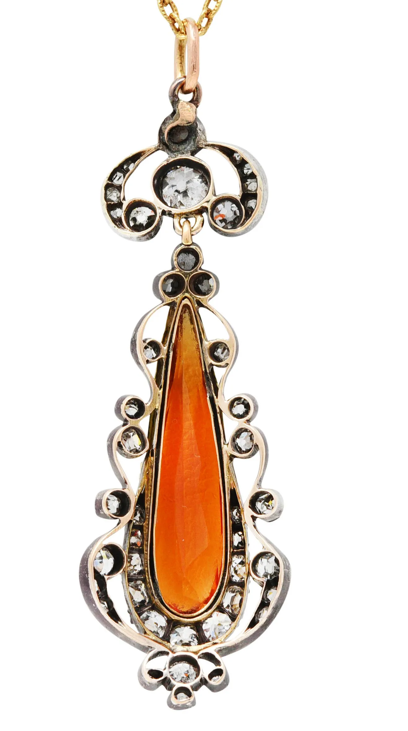1880's Victorian Citrine Diamond Silver 18 Karat Yellow Gold Scrolled Pendant Necklace
