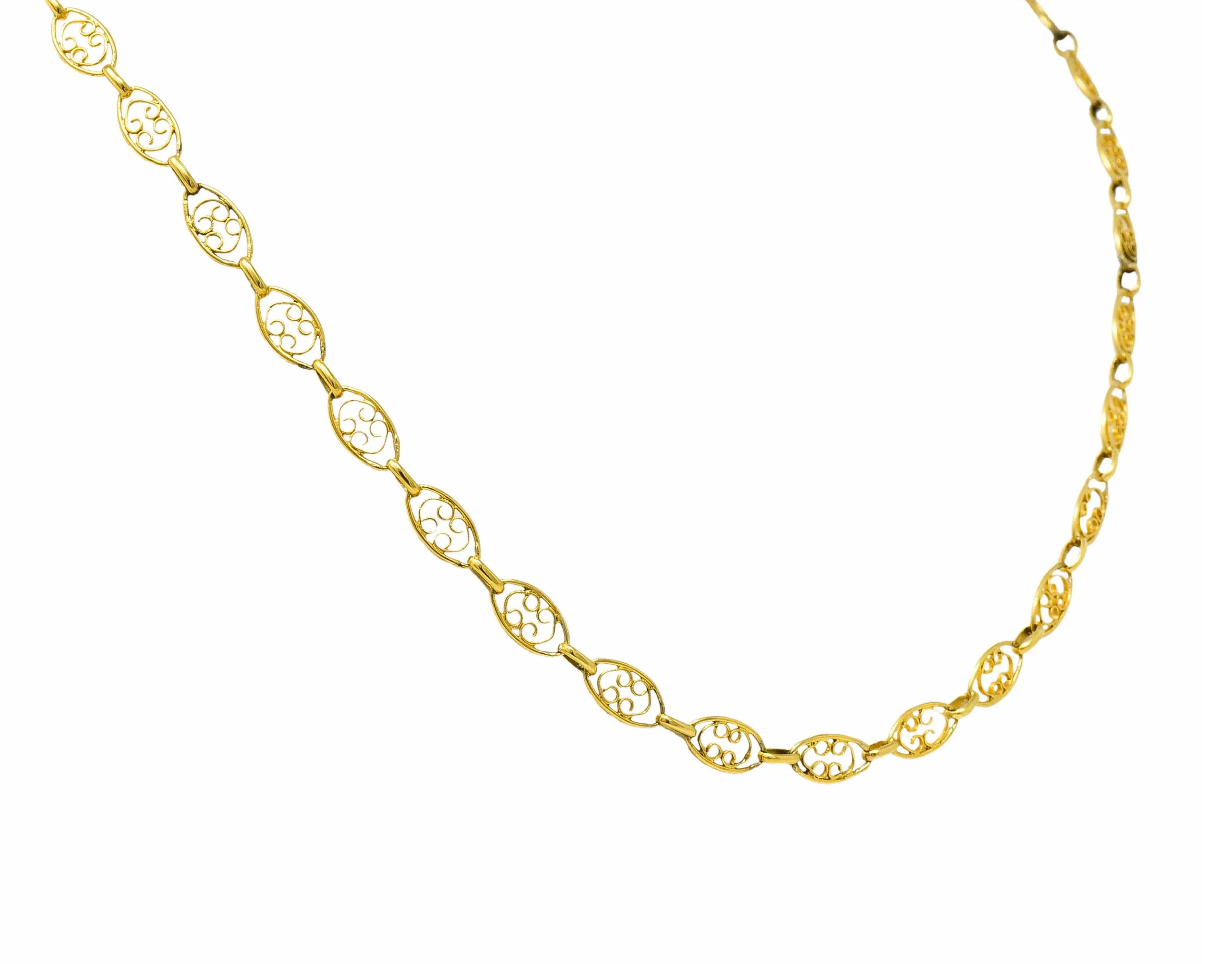 1900 Victorian 18 Karat Gold 24 Inch Scrolled Navette Chain Link Necklace