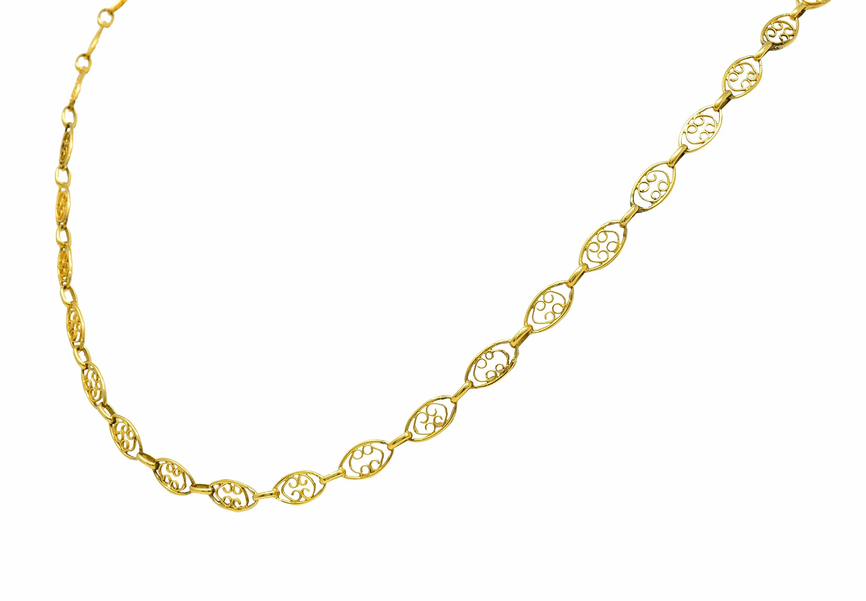 1900 Victorian 18 Karat Gold 24 Inch Scrolled Navette Chain Link Necklace