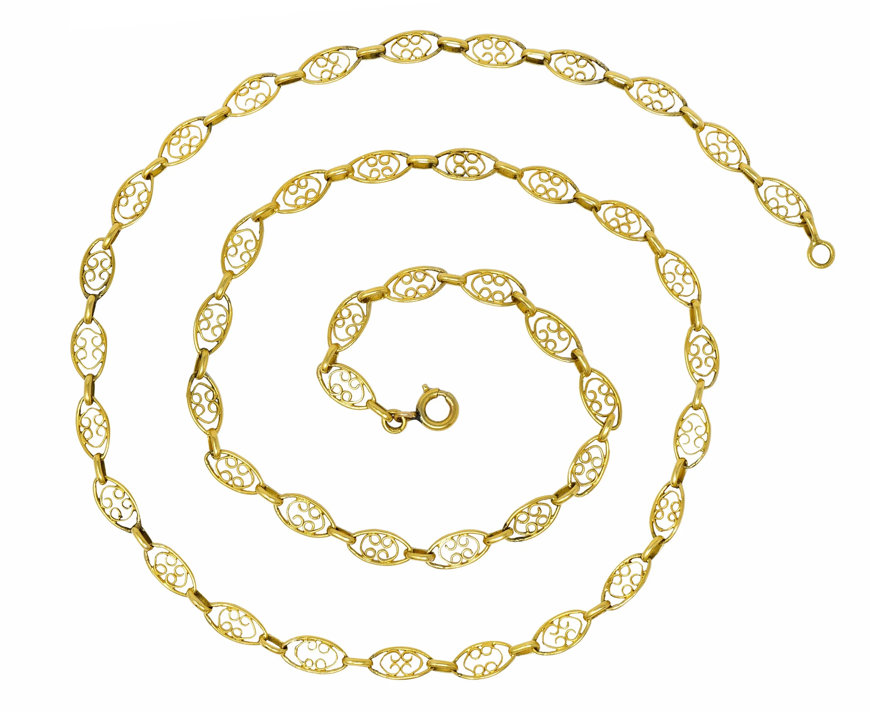 1900 Victorian 18 Karat Gold 24 Inch Scrolled Navette Chain Link Necklace