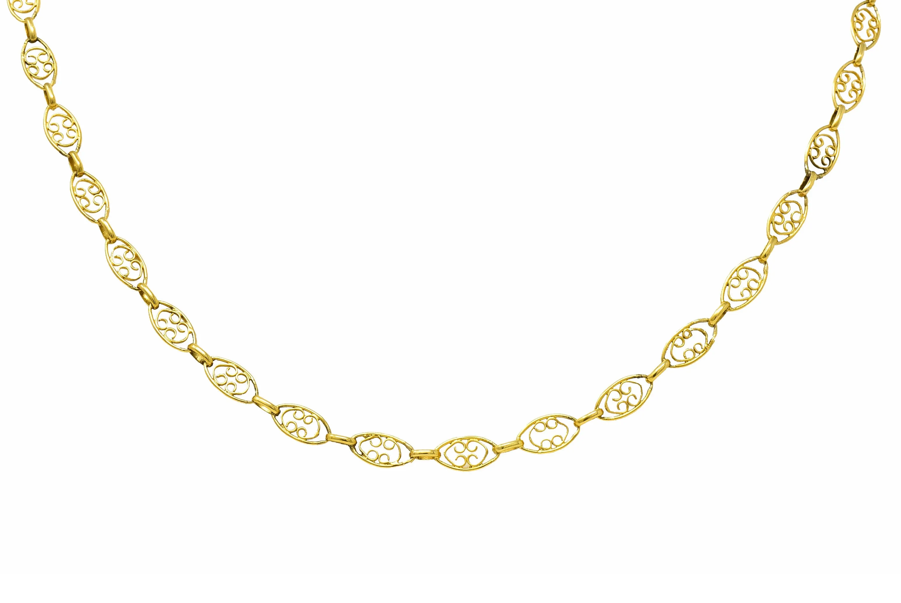 1900 Victorian 18 Karat Gold 24 Inch Scrolled Navette Chain Link Necklace