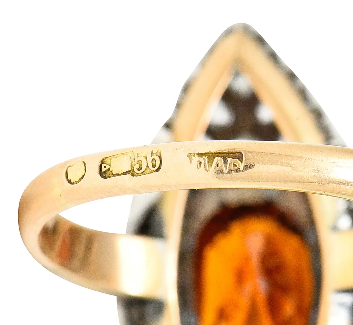 1908 Russian Hessonite Garnet Diamond Silver-Topped 14 Karat Yellow Gold Antique Navette Cluster Ring