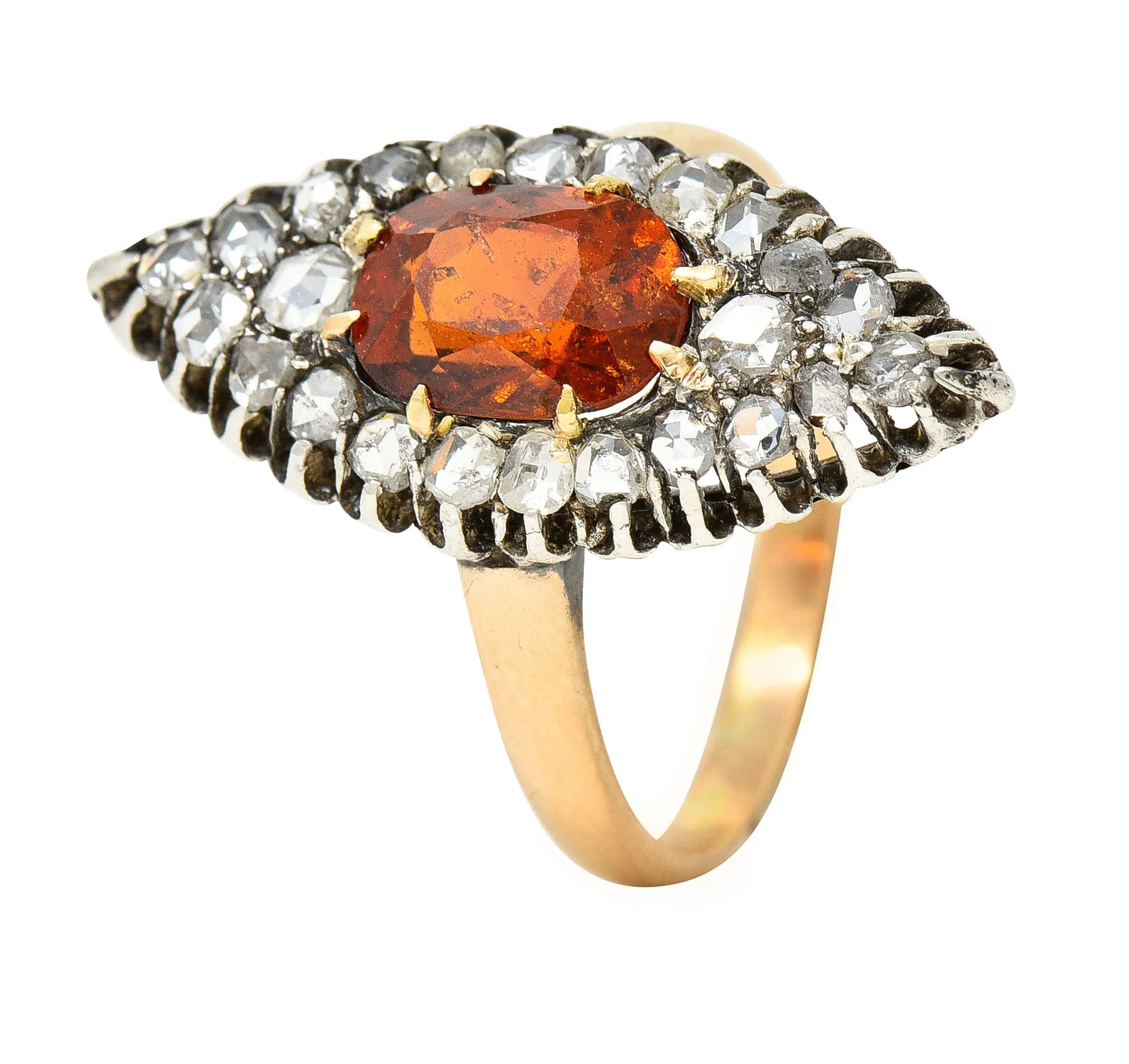 1908 Russian Hessonite Garnet Diamond Silver-Topped 14 Karat Yellow Gold Antique Navette Cluster Ring