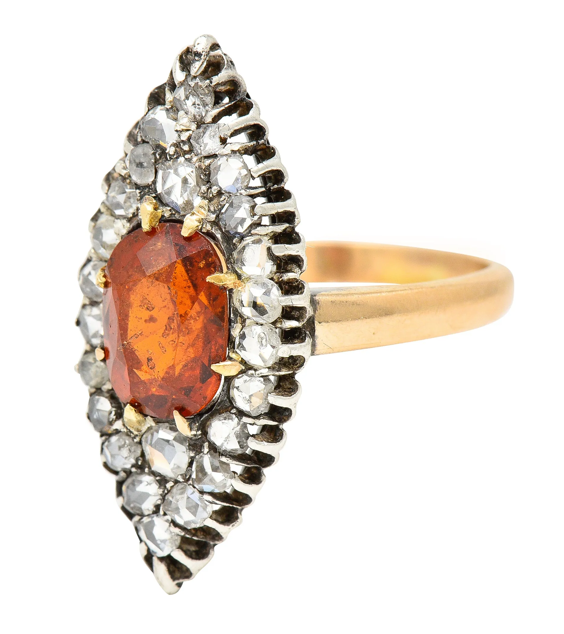 1908 Russian Hessonite Garnet Diamond Silver-Topped 14 Karat Yellow Gold Antique Navette Cluster Ring