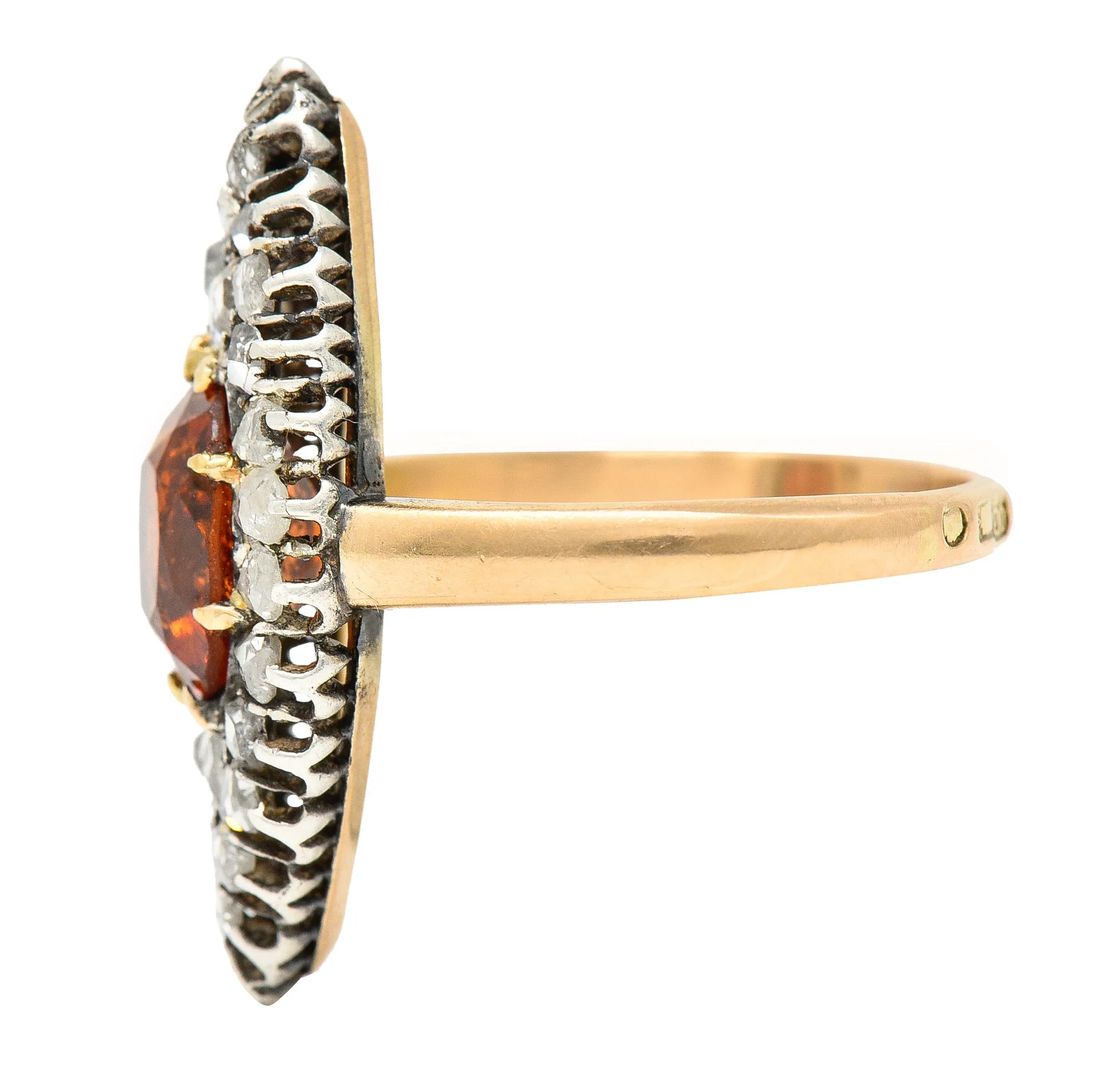 1908 Russian Hessonite Garnet Diamond Silver-Topped 14 Karat Yellow Gold Antique Navette Cluster Ring