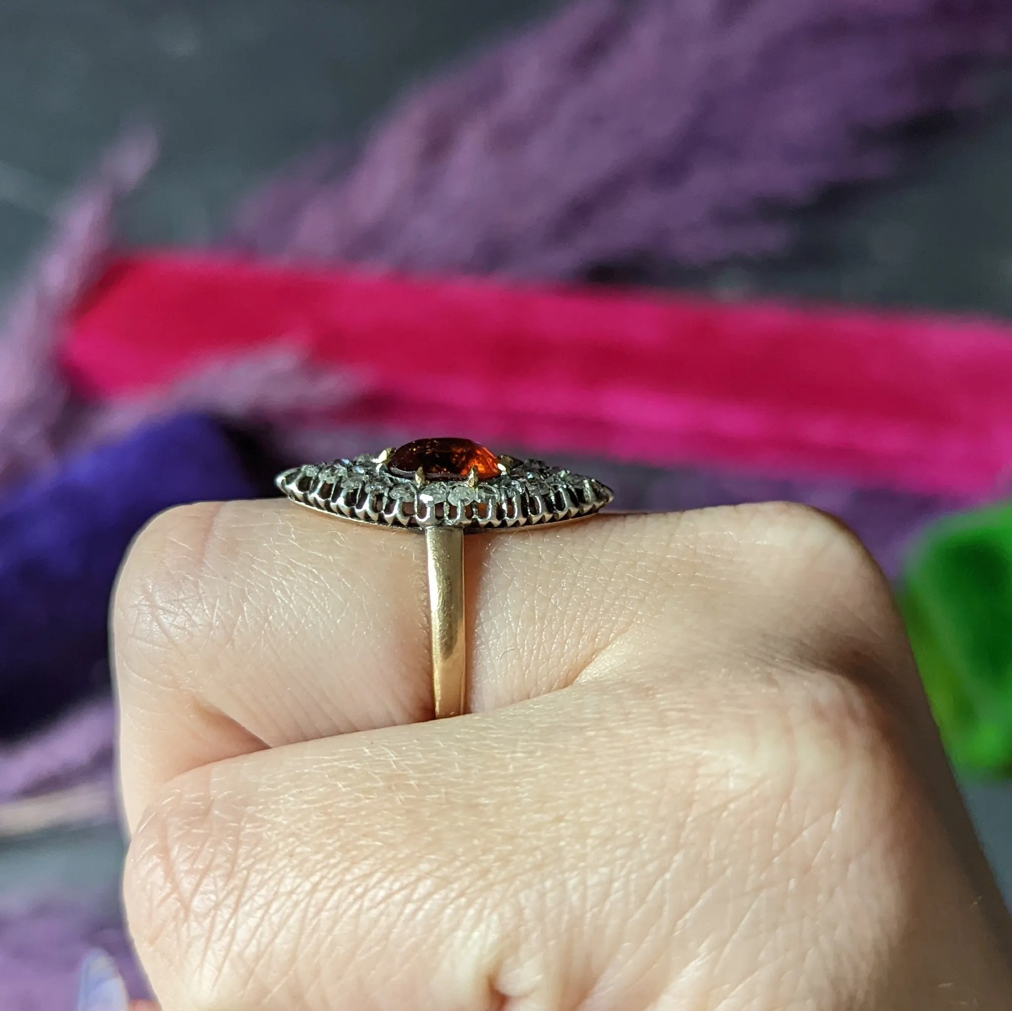 1908 Russian Hessonite Garnet Diamond Silver-Topped 14 Karat Yellow Gold Antique Navette Cluster Ring