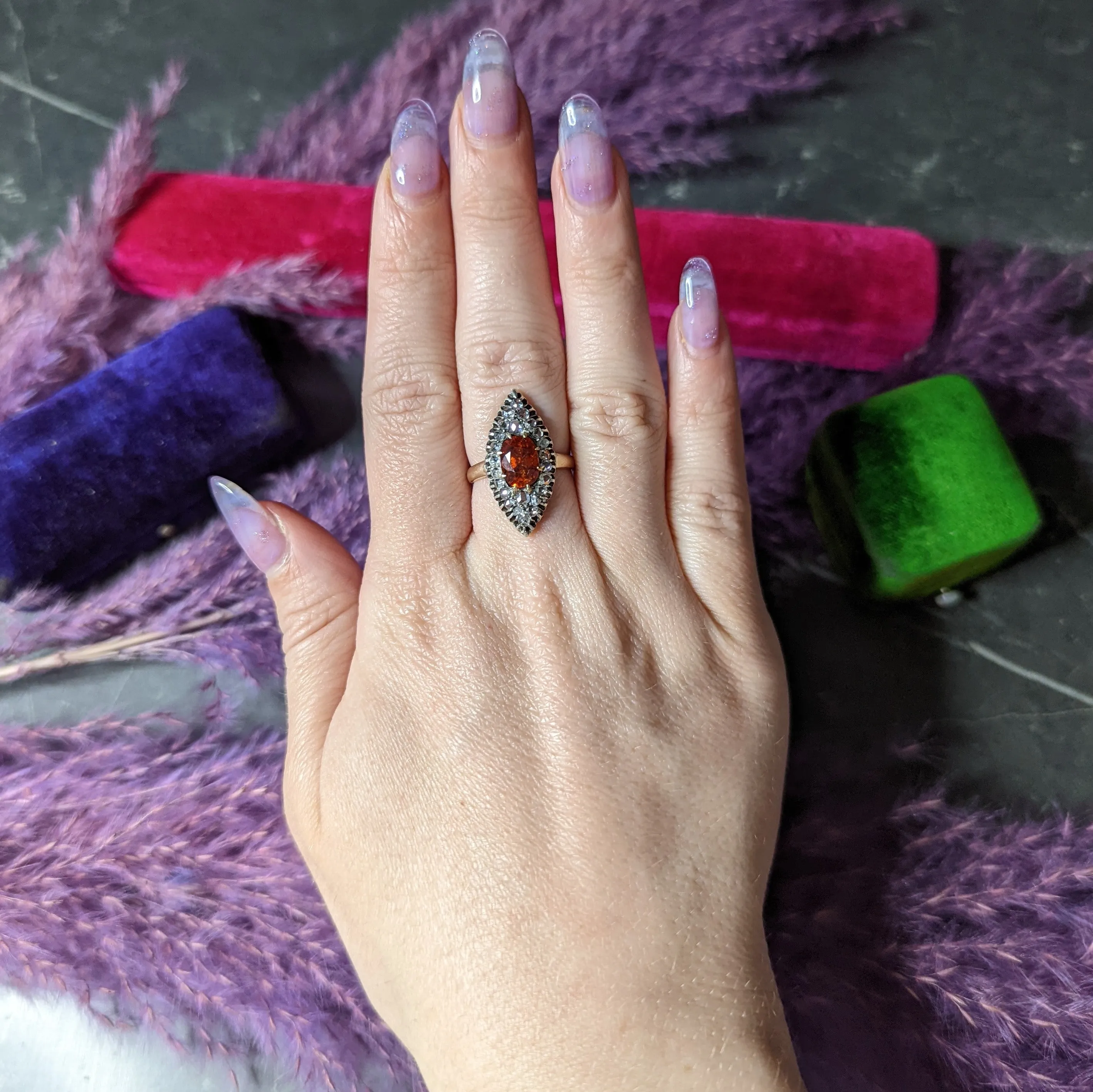 1908 Russian Hessonite Garnet Diamond Silver-Topped 14 Karat Yellow Gold Antique Navette Cluster Ring