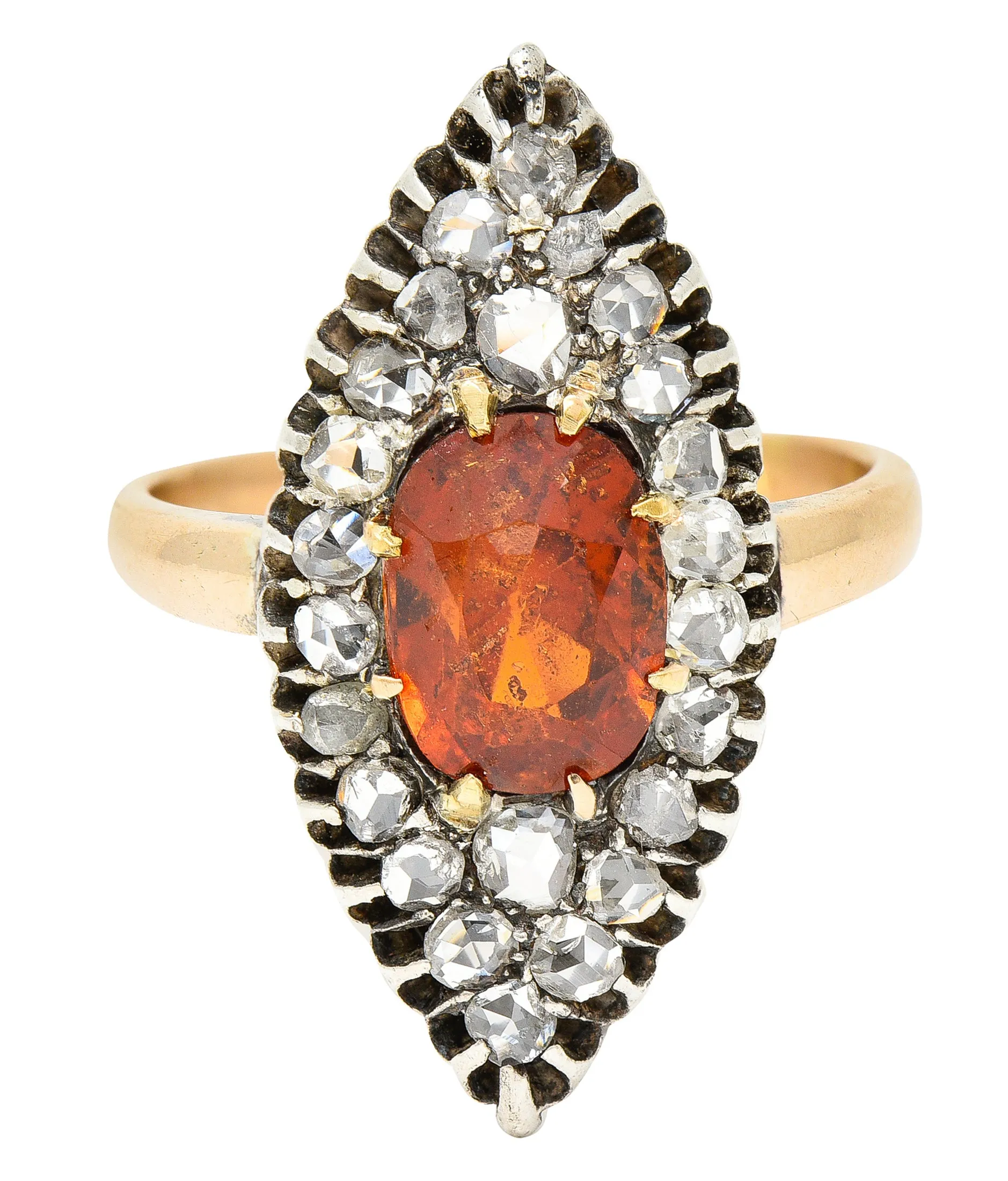 1908 Russian Hessonite Garnet Diamond Silver-Topped 14 Karat Yellow Gold Antique Navette Cluster Ring
