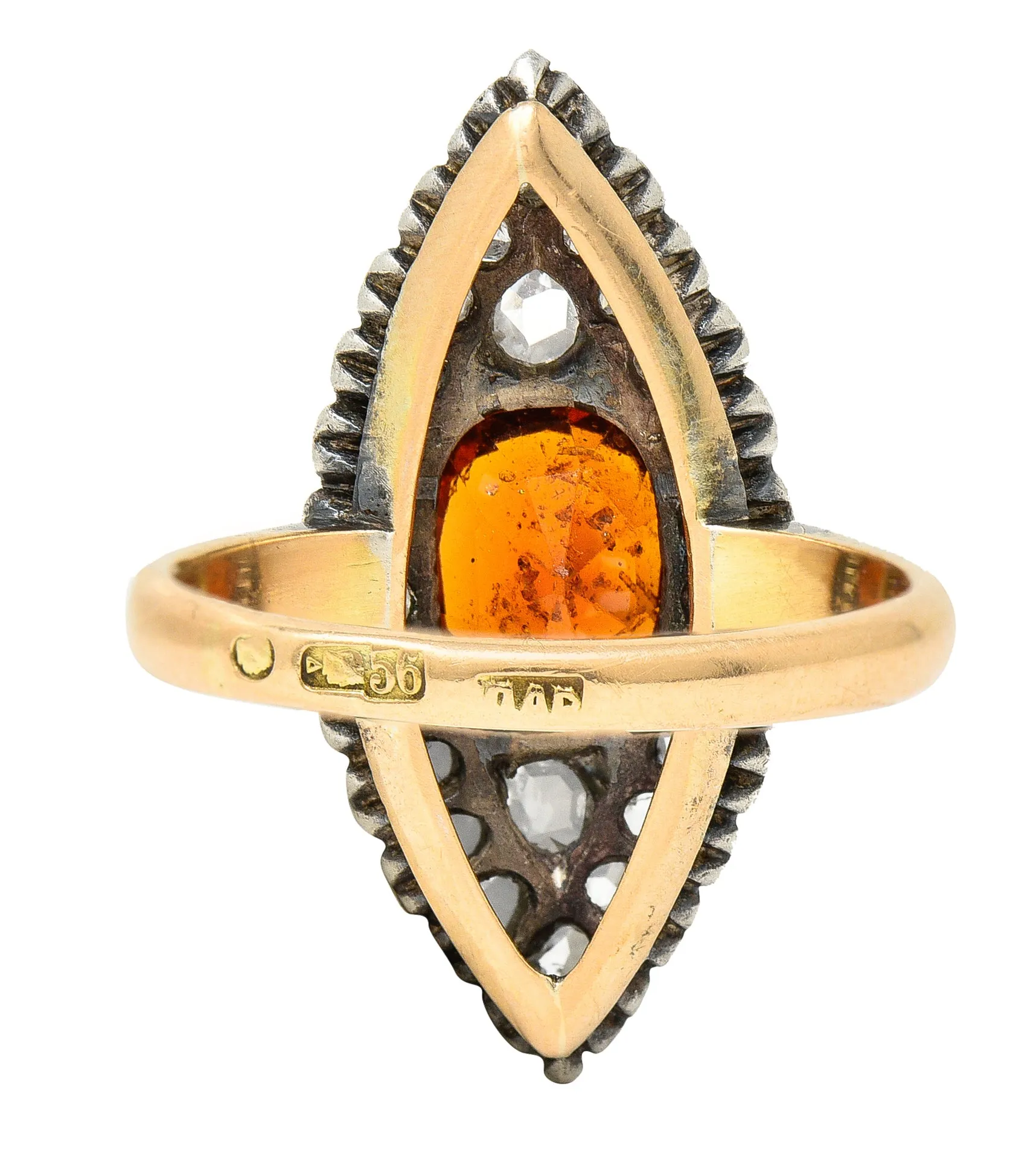 1908 Russian Hessonite Garnet Diamond Silver-Topped 14 Karat Yellow Gold Antique Navette Cluster Ring