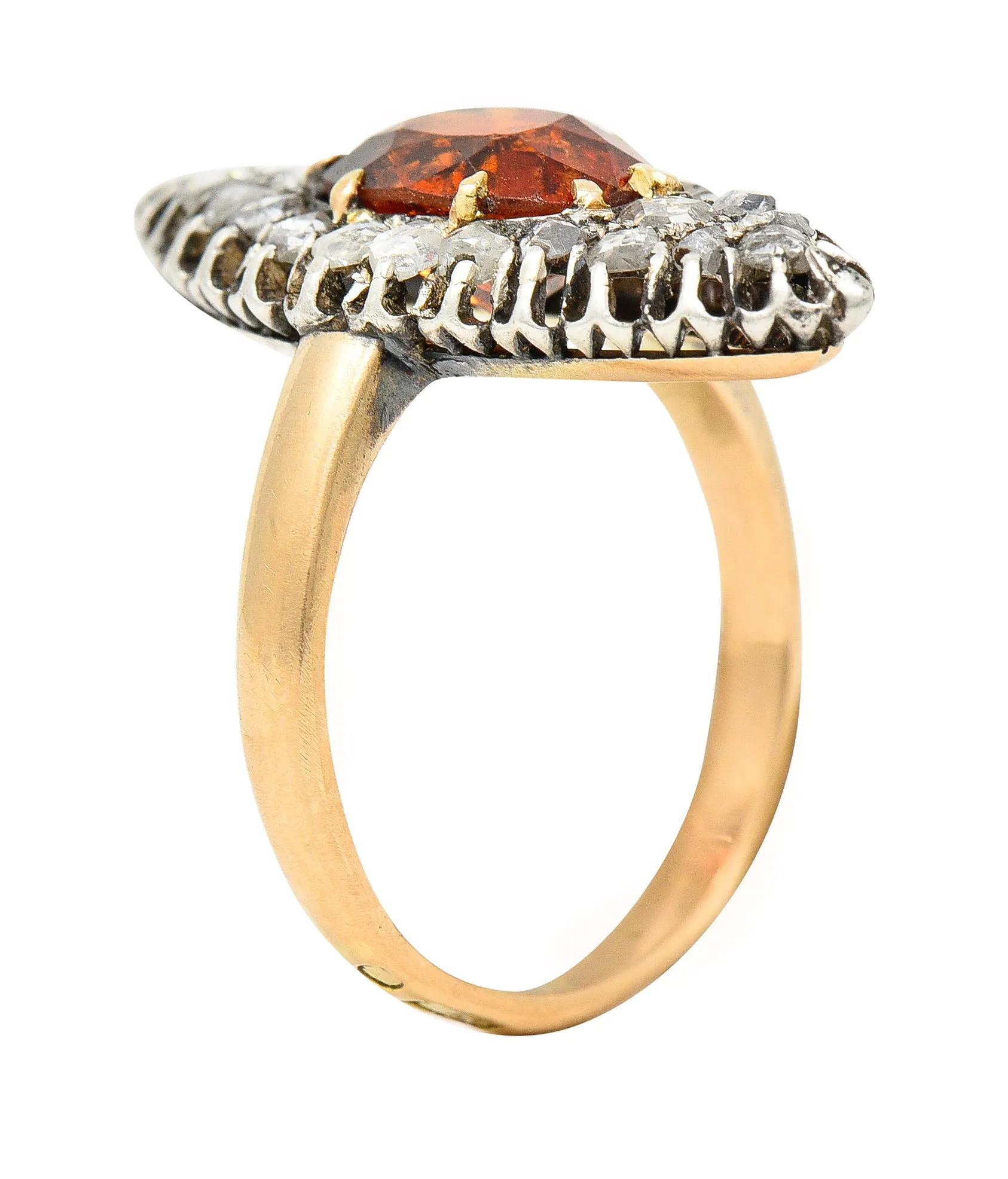 1908 Russian Hessonite Garnet Diamond Silver-Topped 14 Karat Yellow Gold Antique Navette Cluster Ring