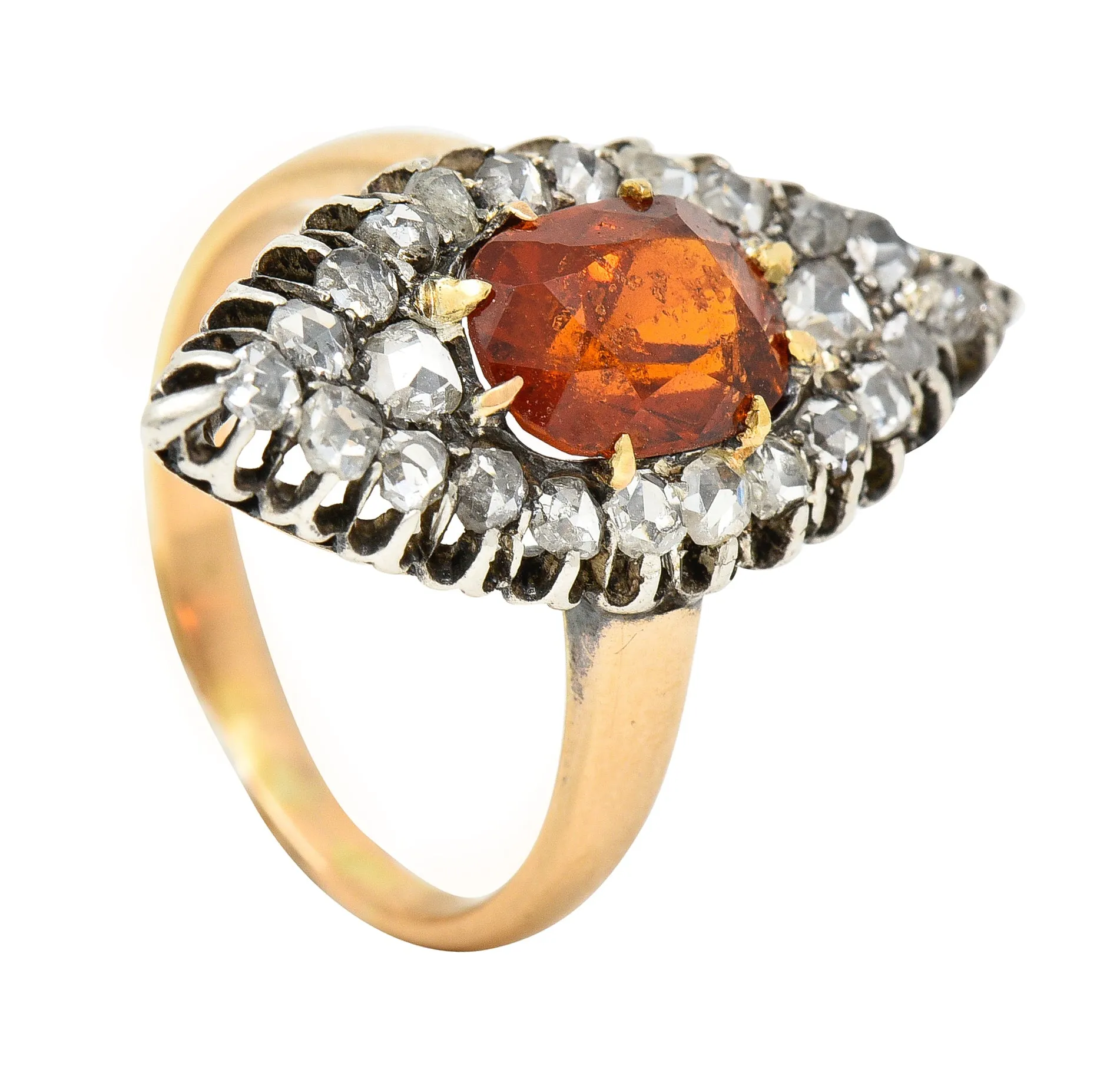 1908 Russian Hessonite Garnet Diamond Silver-Topped 14 Karat Yellow Gold Antique Navette Cluster Ring